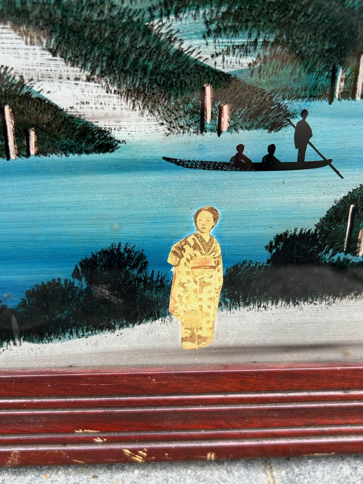 1920s Japanese Reverse Glass Painting Mother of Pearl Wall Hanging Antique3