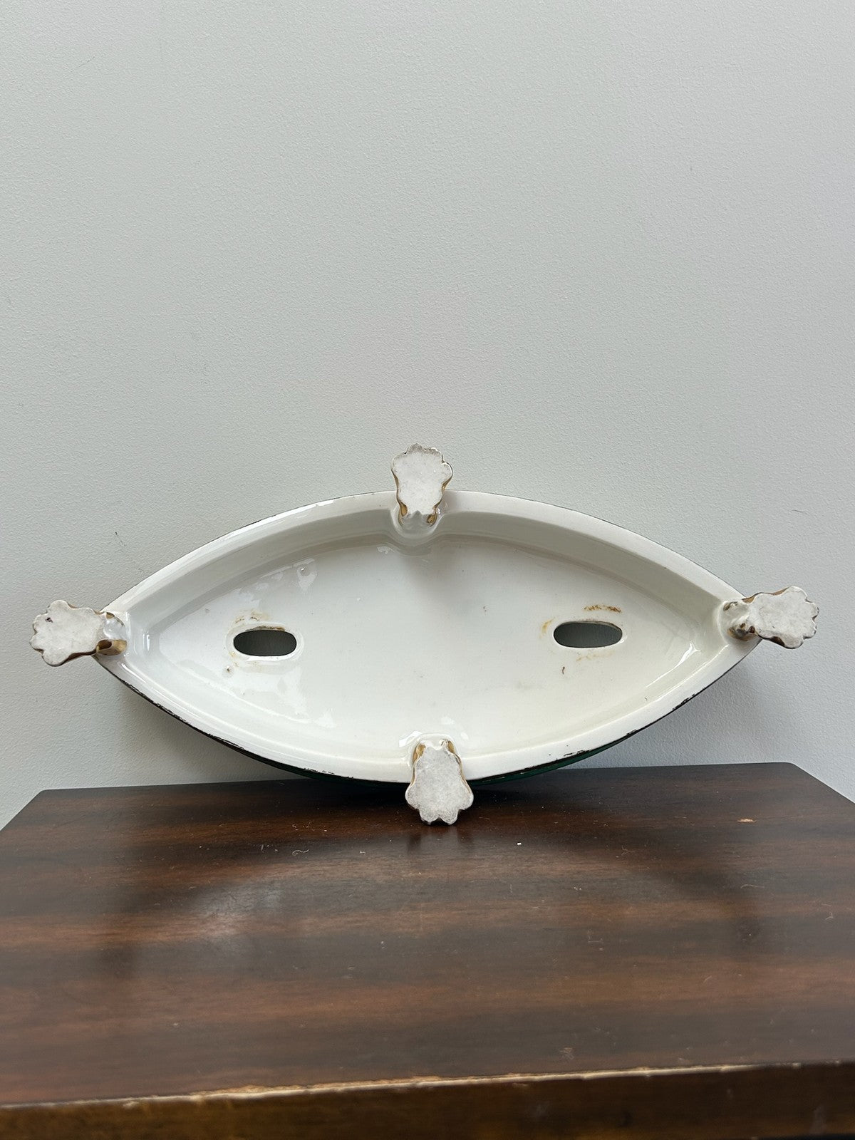 Antique Green Ground Porcelain Plateau Stand Gilt Paw Feet Floral Centre11