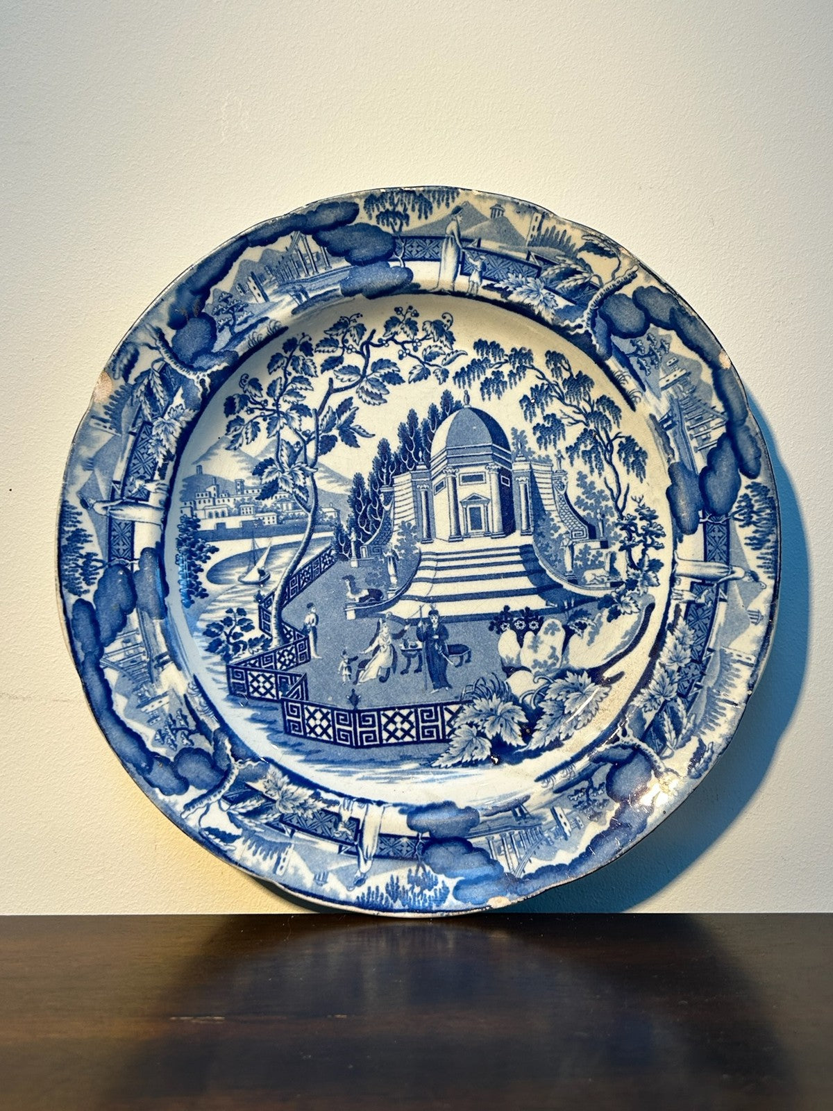 Antique Staffordshire Blue White Plate Classical Temple c1820 Transferware0