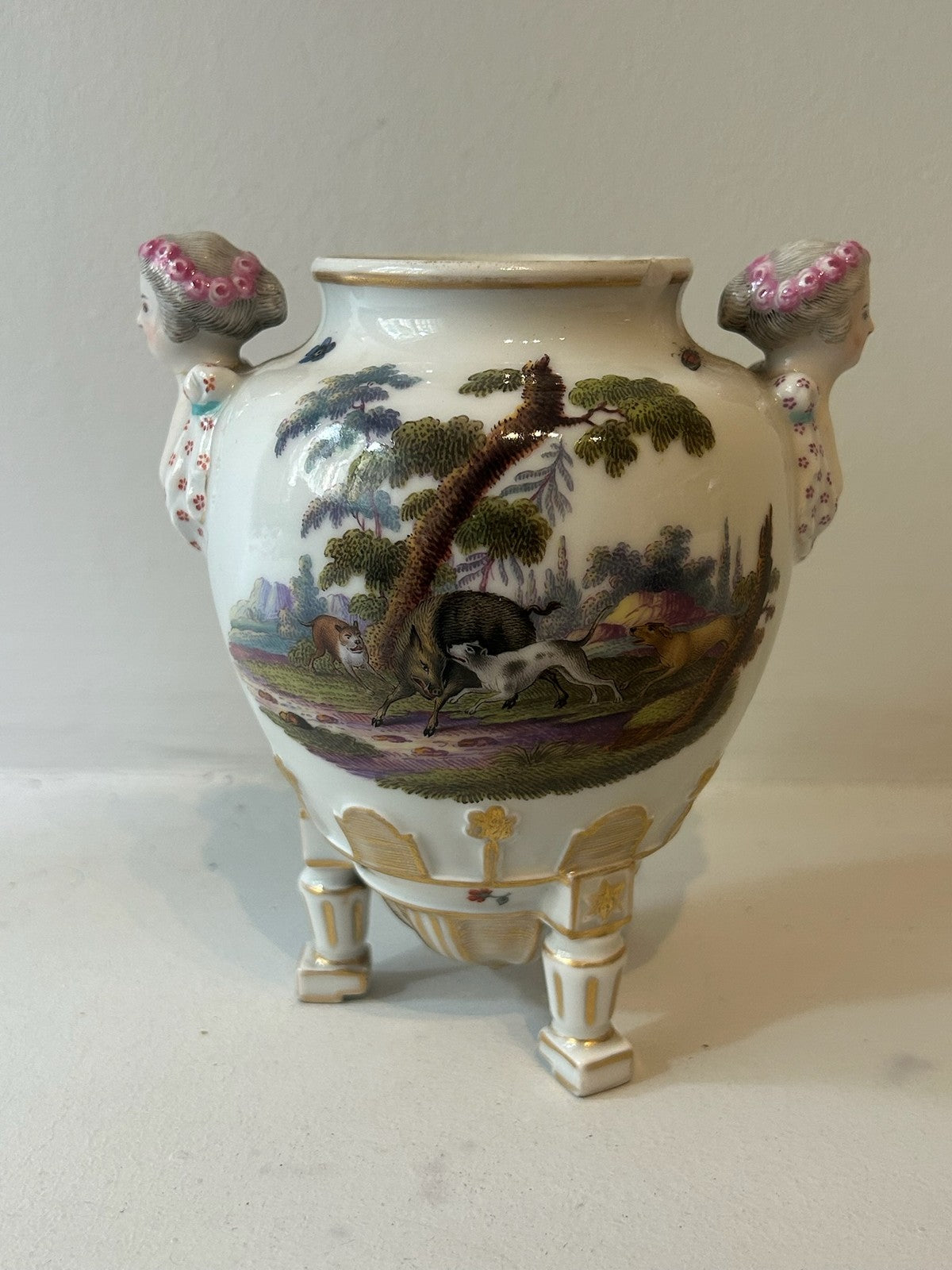 Antique Continental Dresden Style Porcelain Caryatid Vase Hand Painted 13.5cm0