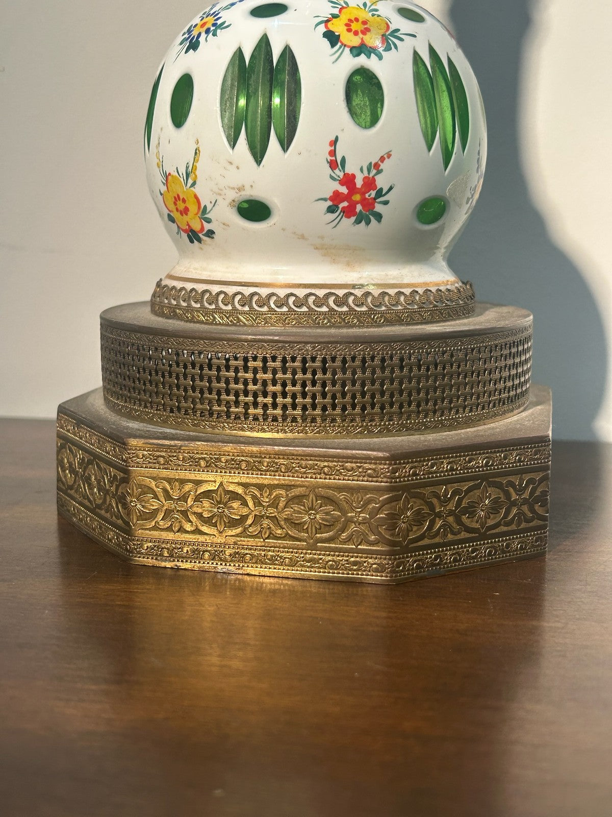 Antique Bohemian Overlay Glass Oil Lamp White Cut Green Hand Enamelled Brass1