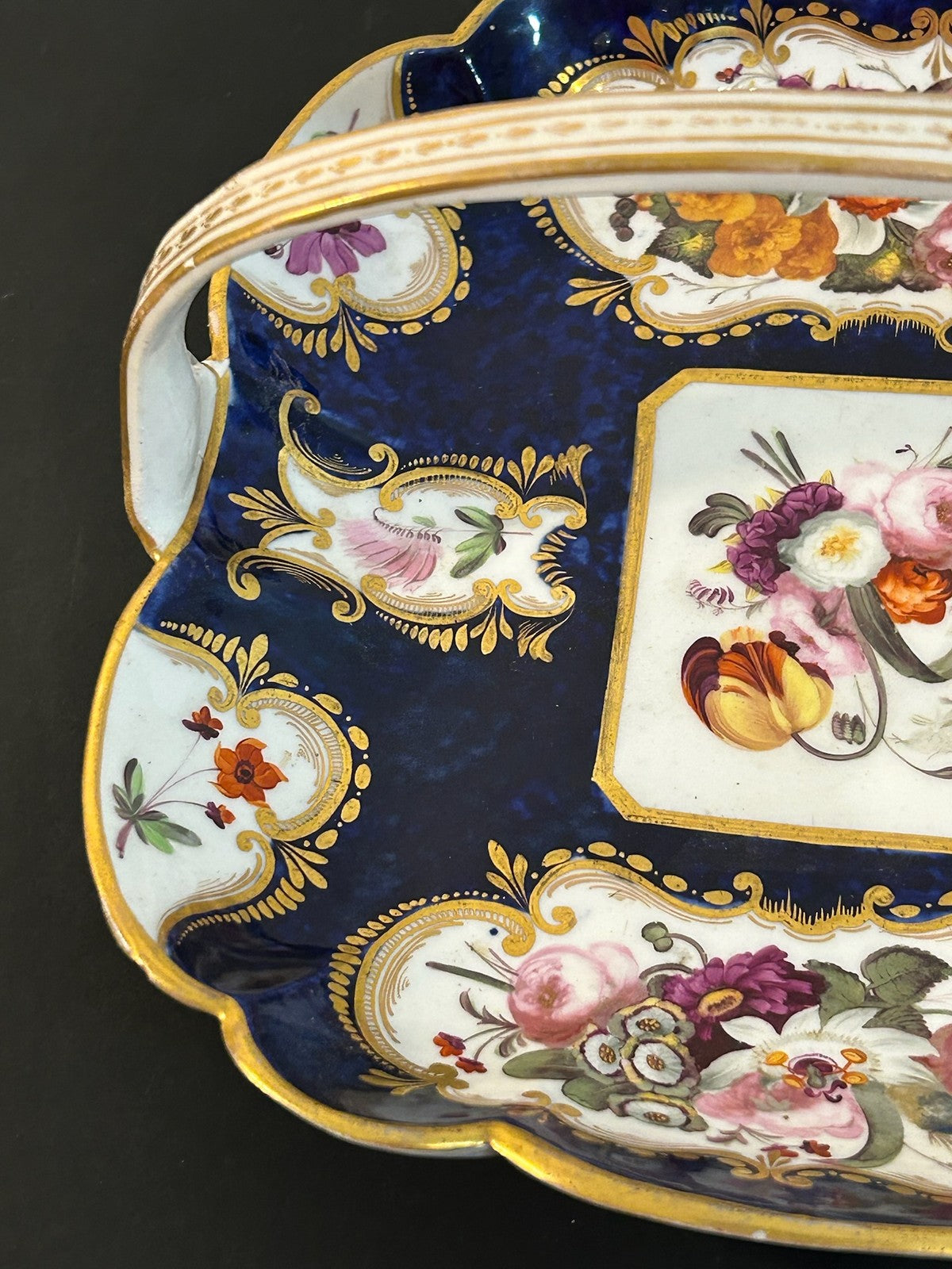 Antique English Porcelain Basket Cobalt Gilt Painted Flowers Handle A/F9