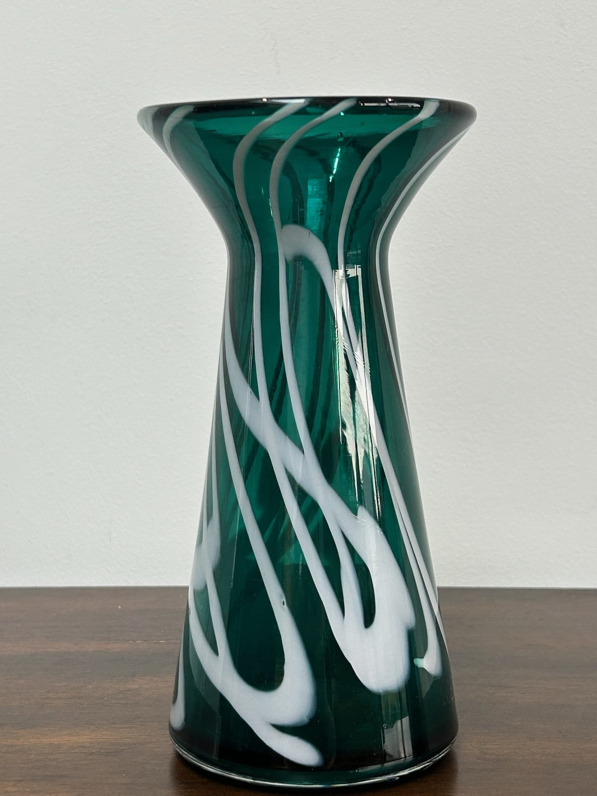 Vintage Murano Style Green White Swirl Art Glass Tall Vase 19cm Mid Century1