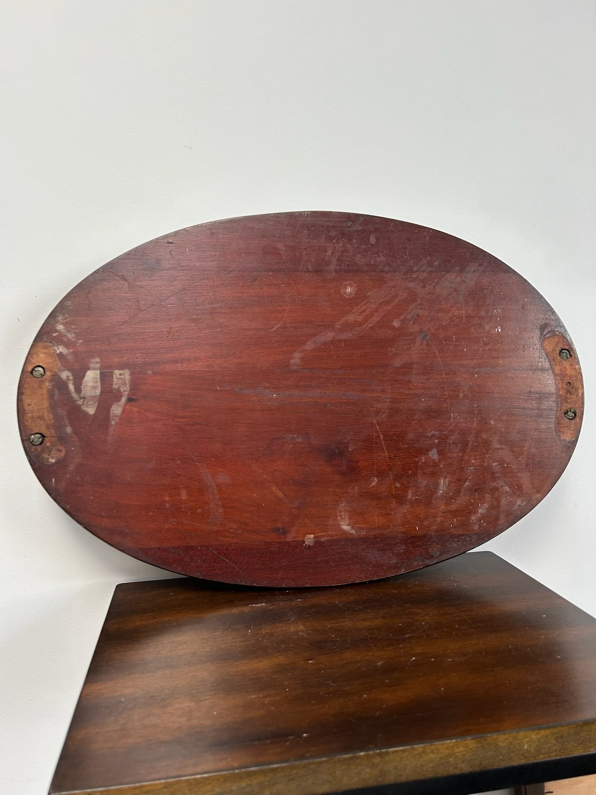 Edwardian Marquetry Inlaid Mahogany Oval Gallery Tray Brass Handles7