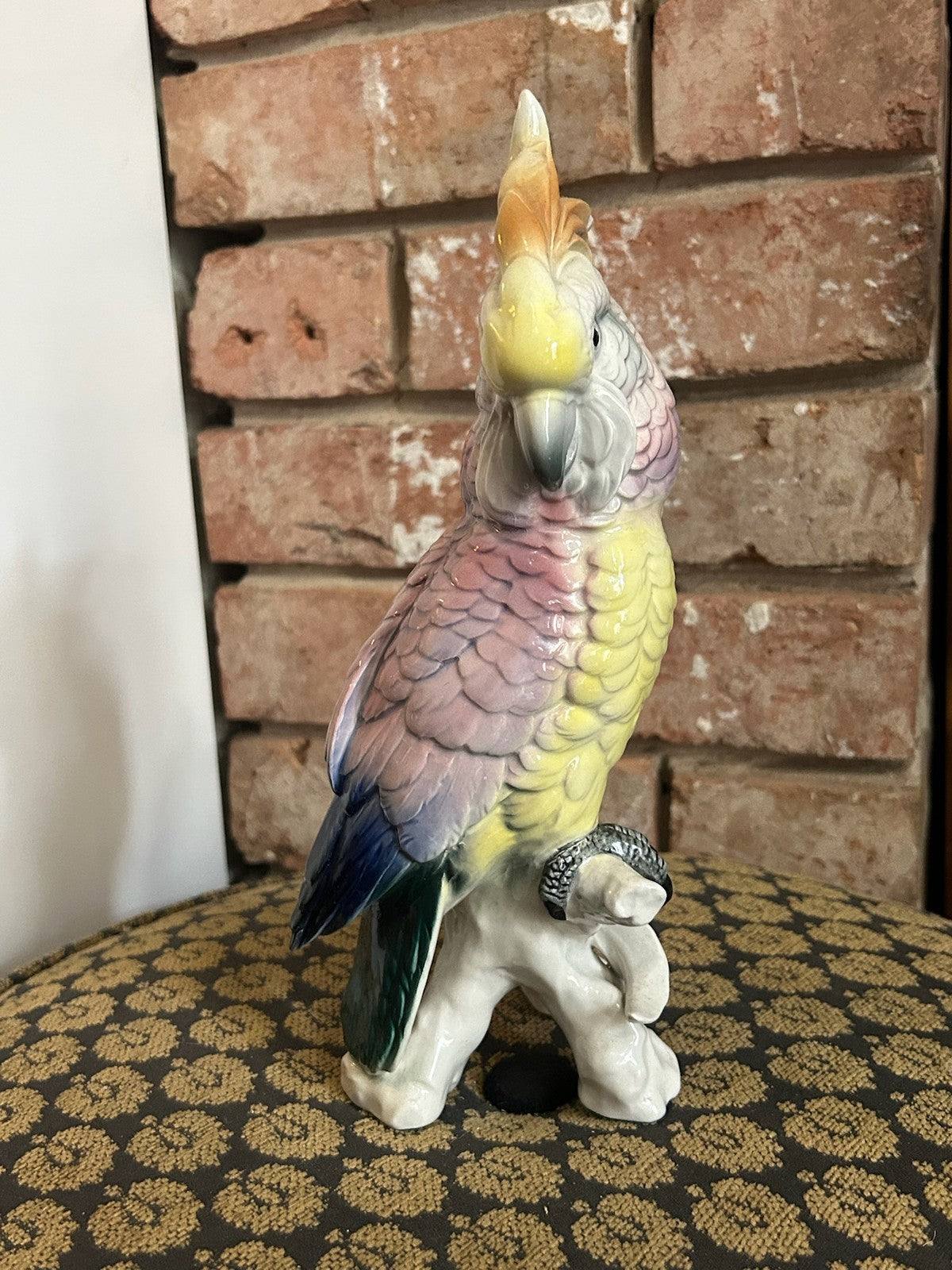 Vintage Continental Porcelain Cockatoo Bird Figurine Pink Yellow Crest Perched1