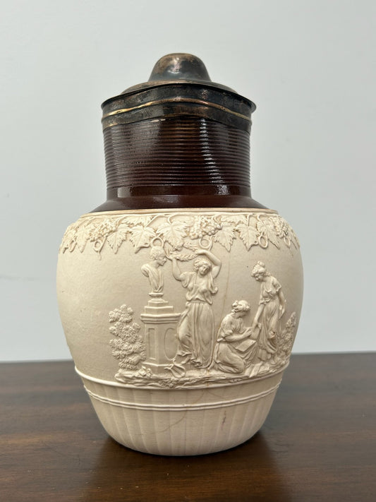 Turner Stoneware Jug Silver Lid 19cm Sprigged Relief Antique Georgian c18000