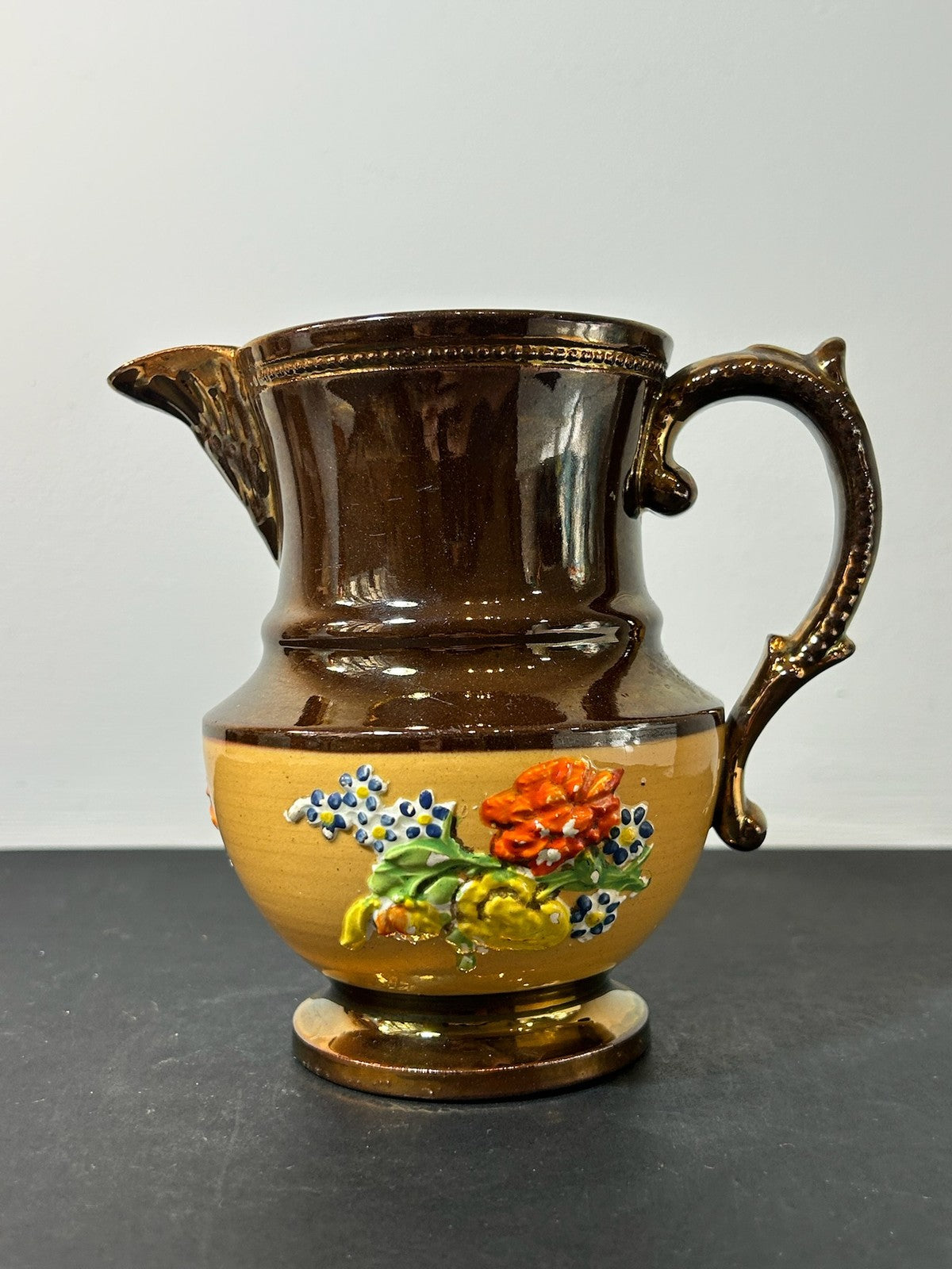 Victorian Copper Lustre Jug Yellow Band Moulded Flowers 15cm2