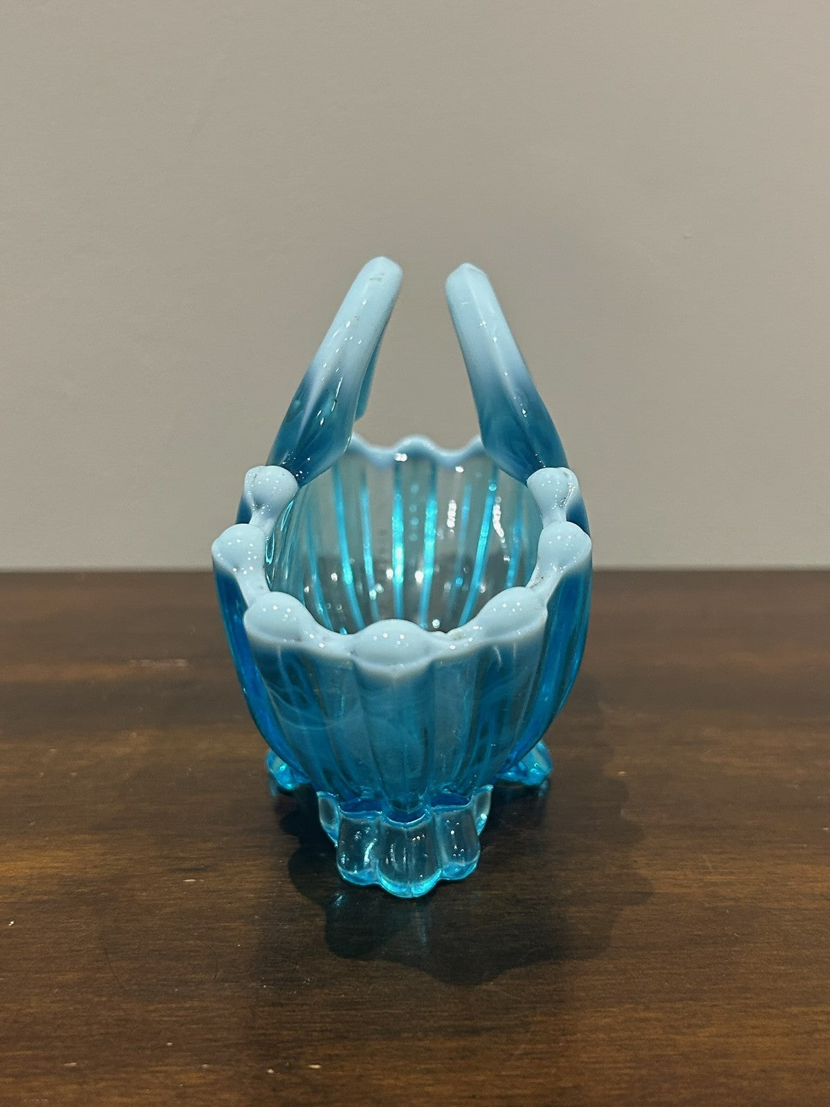 Pair Victorian Blue Pearline Opalescent Glass Basket Vases2