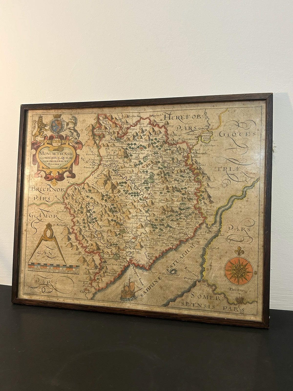 Antique Monmouthshire Map Camden Britannia c.1607 Saxton Hand Coloured Framed0