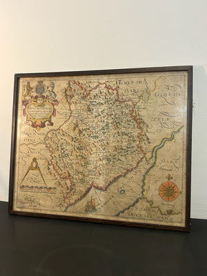 Antique Monmouthshire Map Camden Britannia c.1607 Saxton Hand Coloured Framed