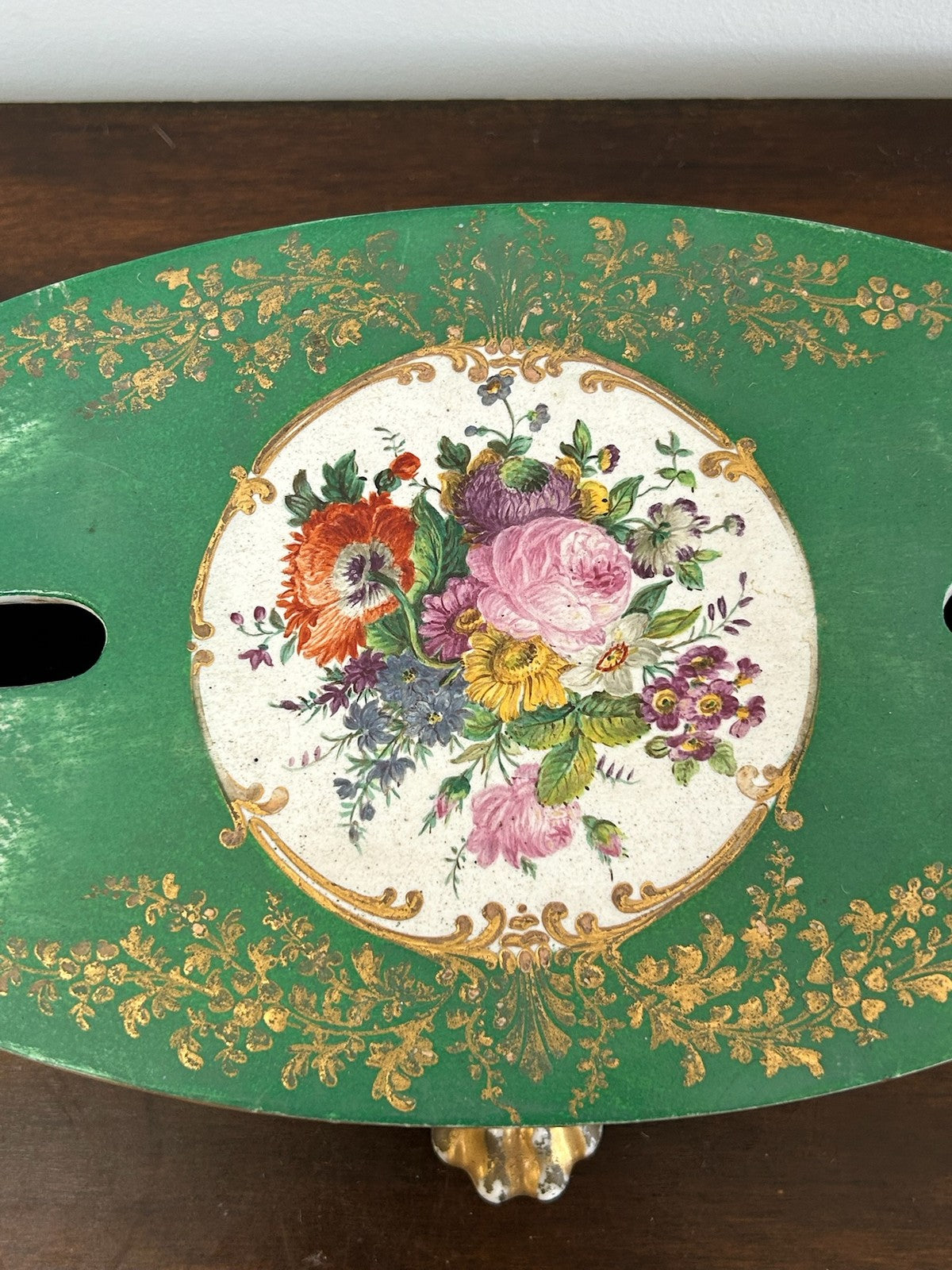 Antique Green Ground Porcelain Plateau Stand Gilt Paw Feet Floral Centre3