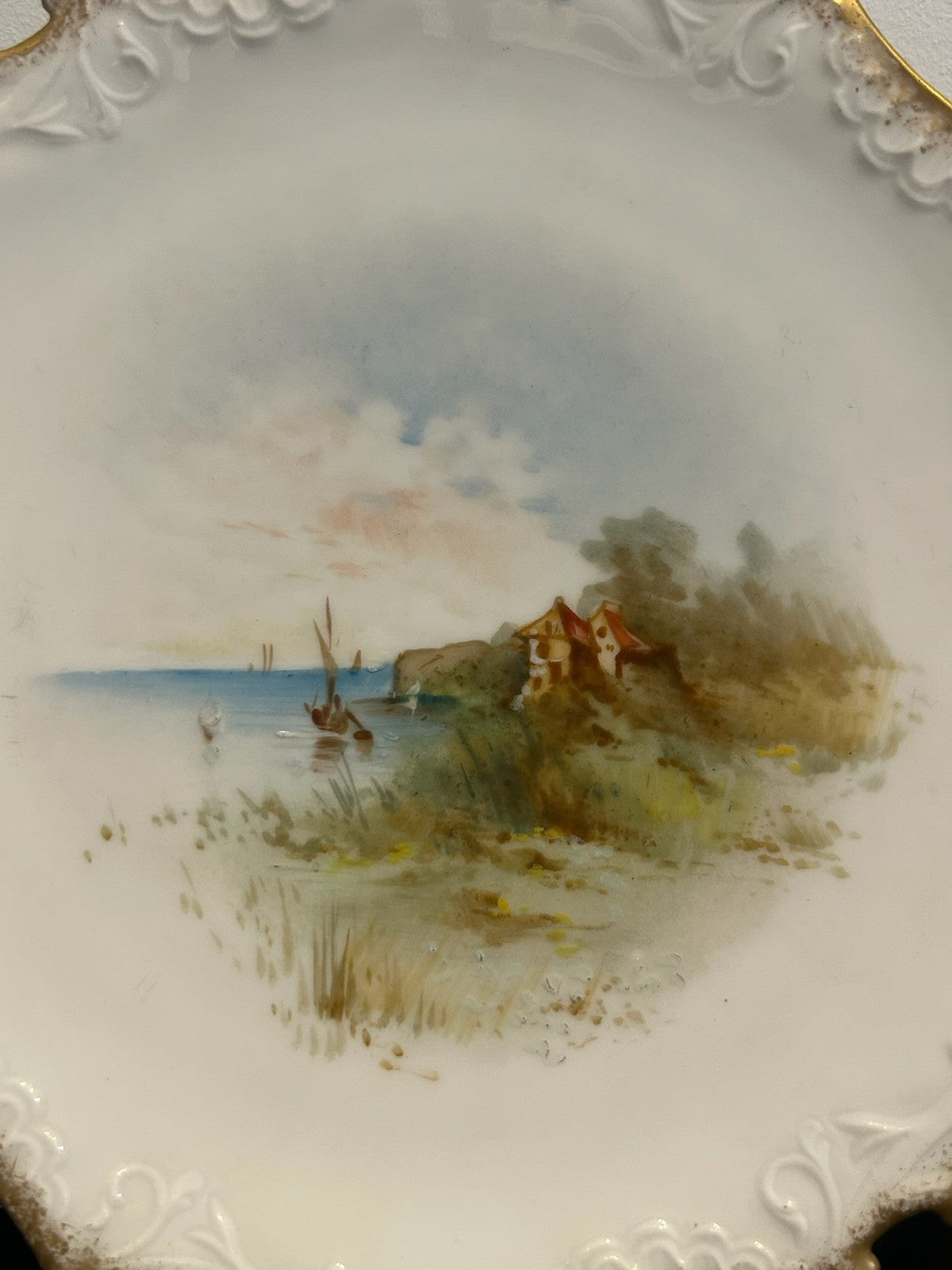 Antique Limoges Coiffe Hand Painted Plate Landscape Gilt Rim 23cm1