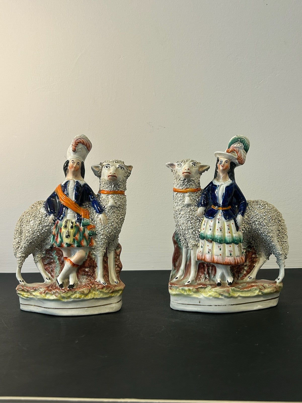 Pair Antique Victorian Staffordshire Figures Scottish Highland Couple with Sheep1