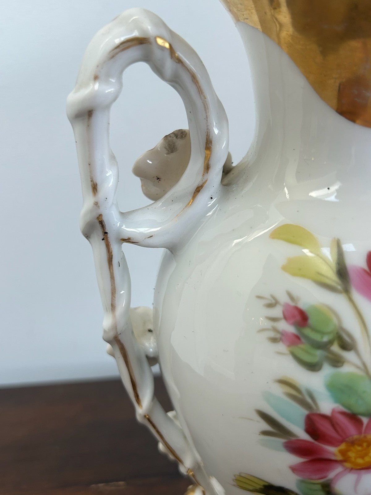 Old Paris Porcelain Twin Handled Vase Hand Painted Floral Gilt Handles8