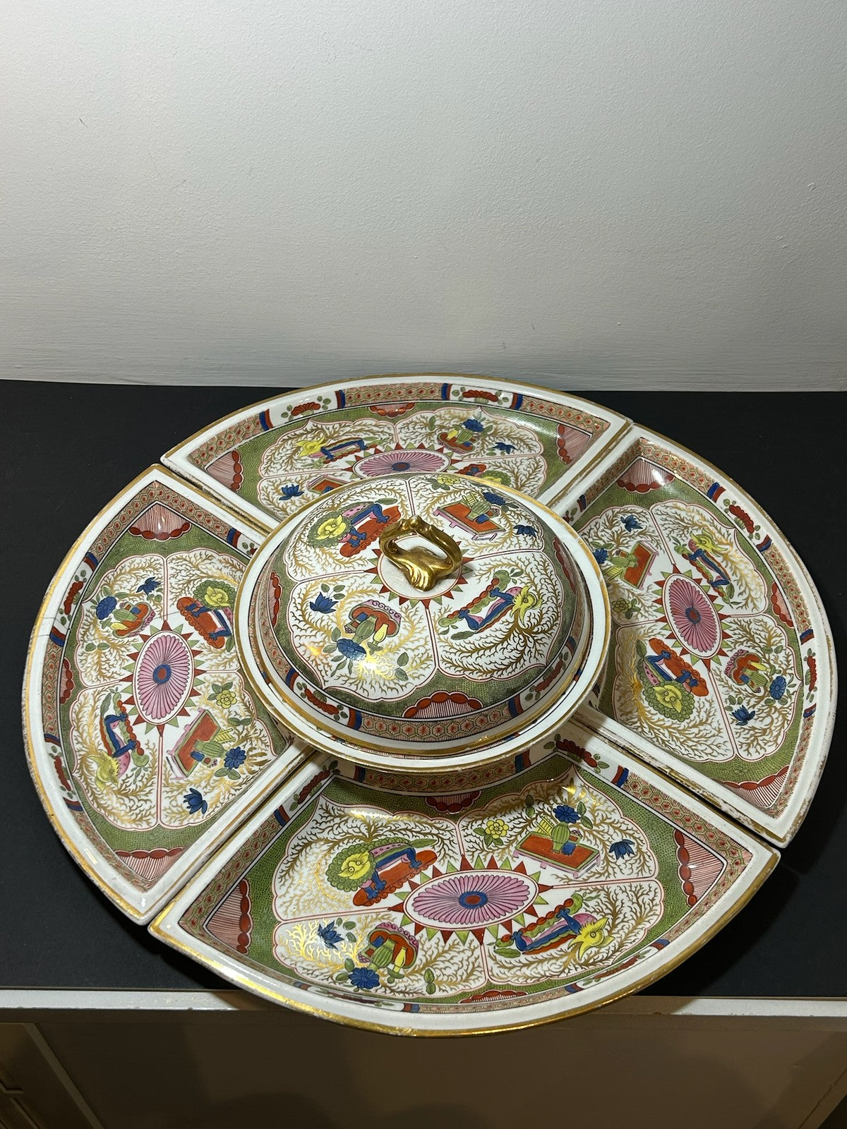 Antique Regency Supper Set Dragons in Compartments Covered Centre Quadrants AF0