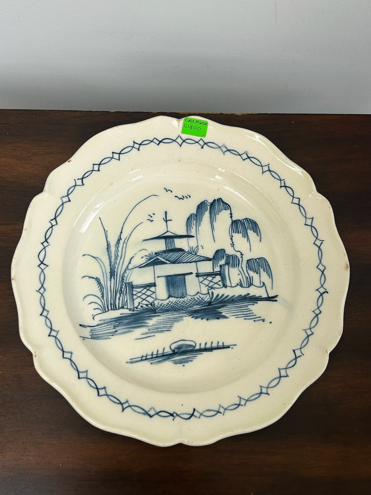Antique Pearlware Plate Hand Painted Blue Chinoiserie Pagoda Willow Shaped Rim1