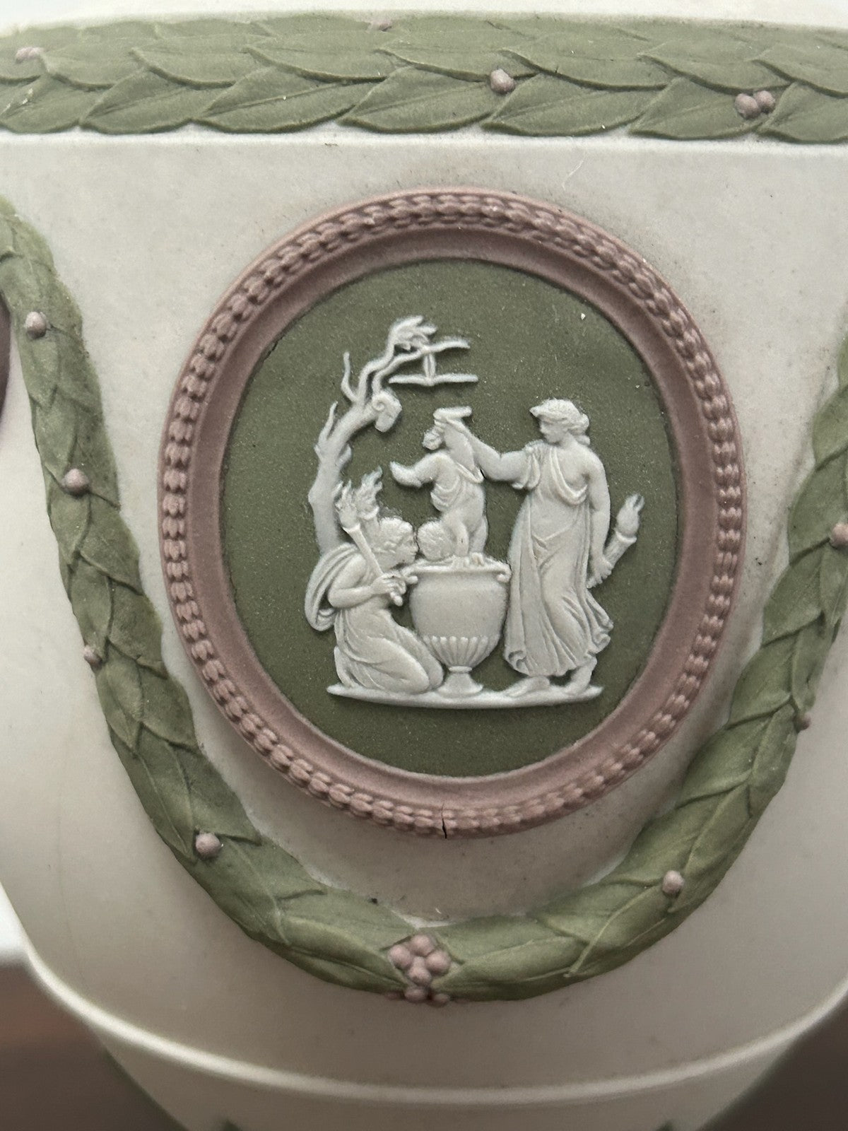Wedgwood Tricolour Jasper Vase Satyr Masks Green Lilac White 19th Century6