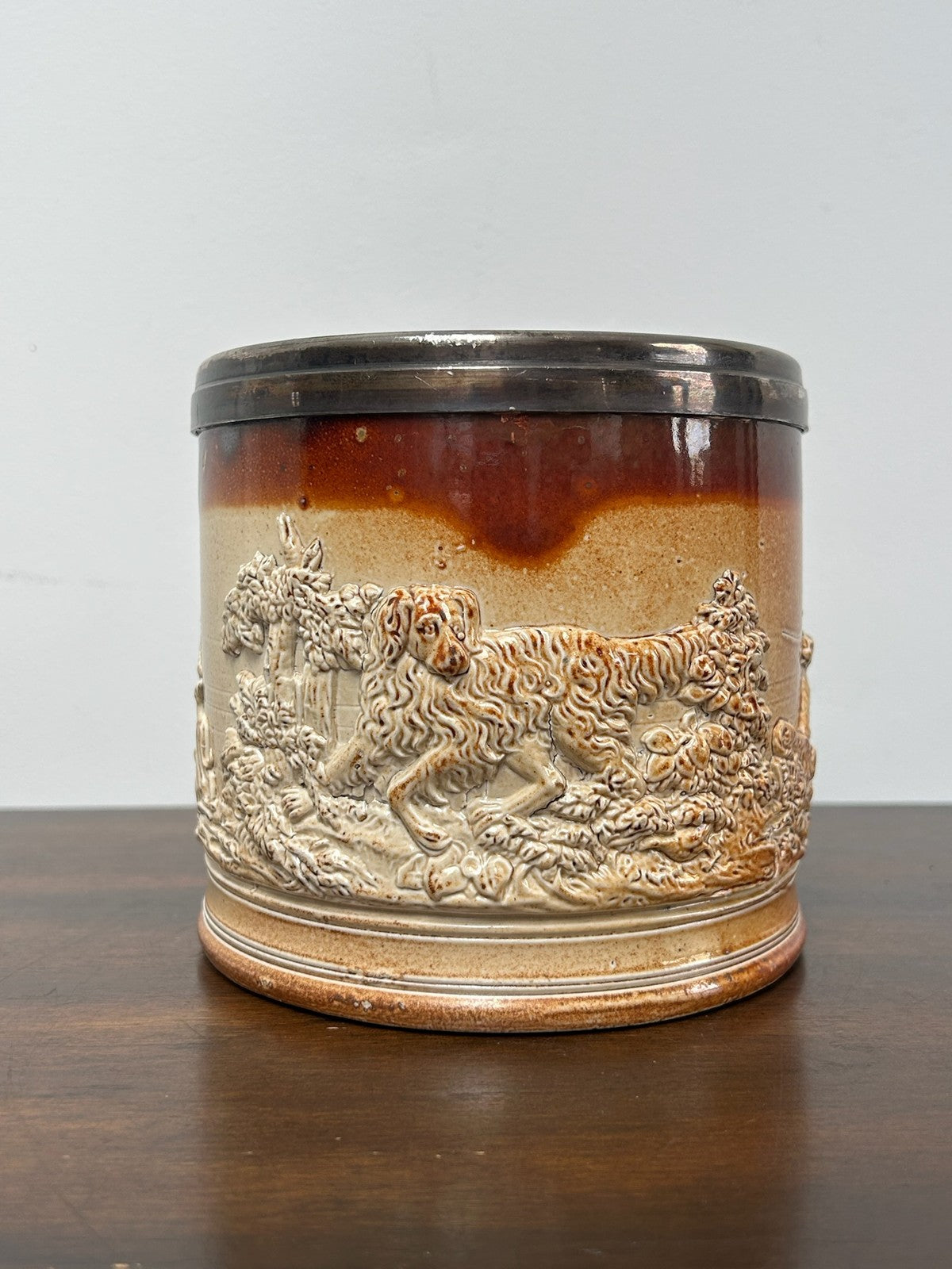 Antique Salt Glaze Stoneware Tankard Hunting Scene 19thC Brown Relief1