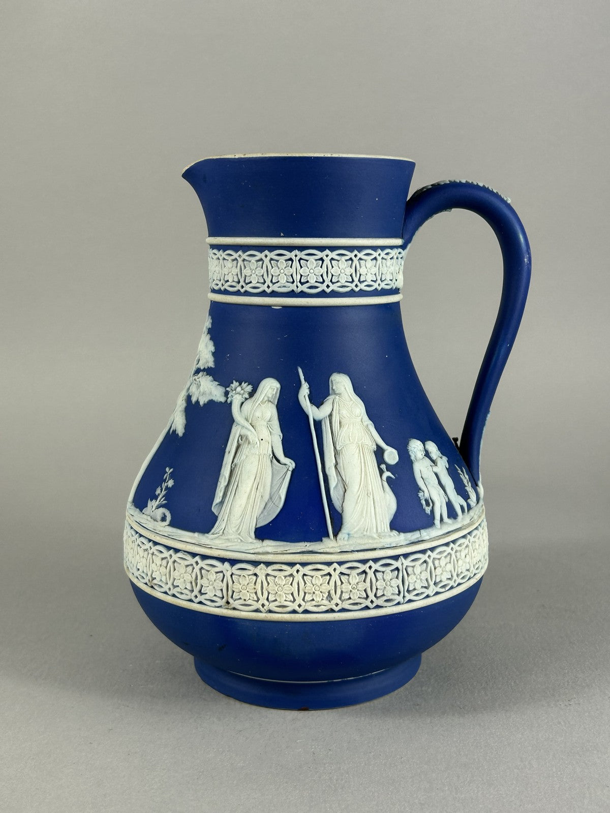 Antique Wedgwood Blue Jasperware Classical Relief Pitcher 18cm