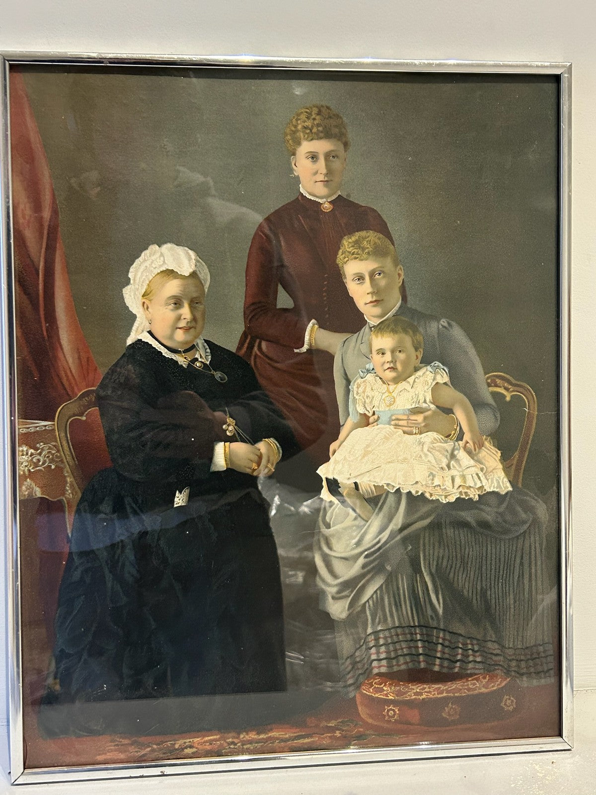 Victorian Chromolithograph Queen Victoria with Royal Mother and Baby Framed0