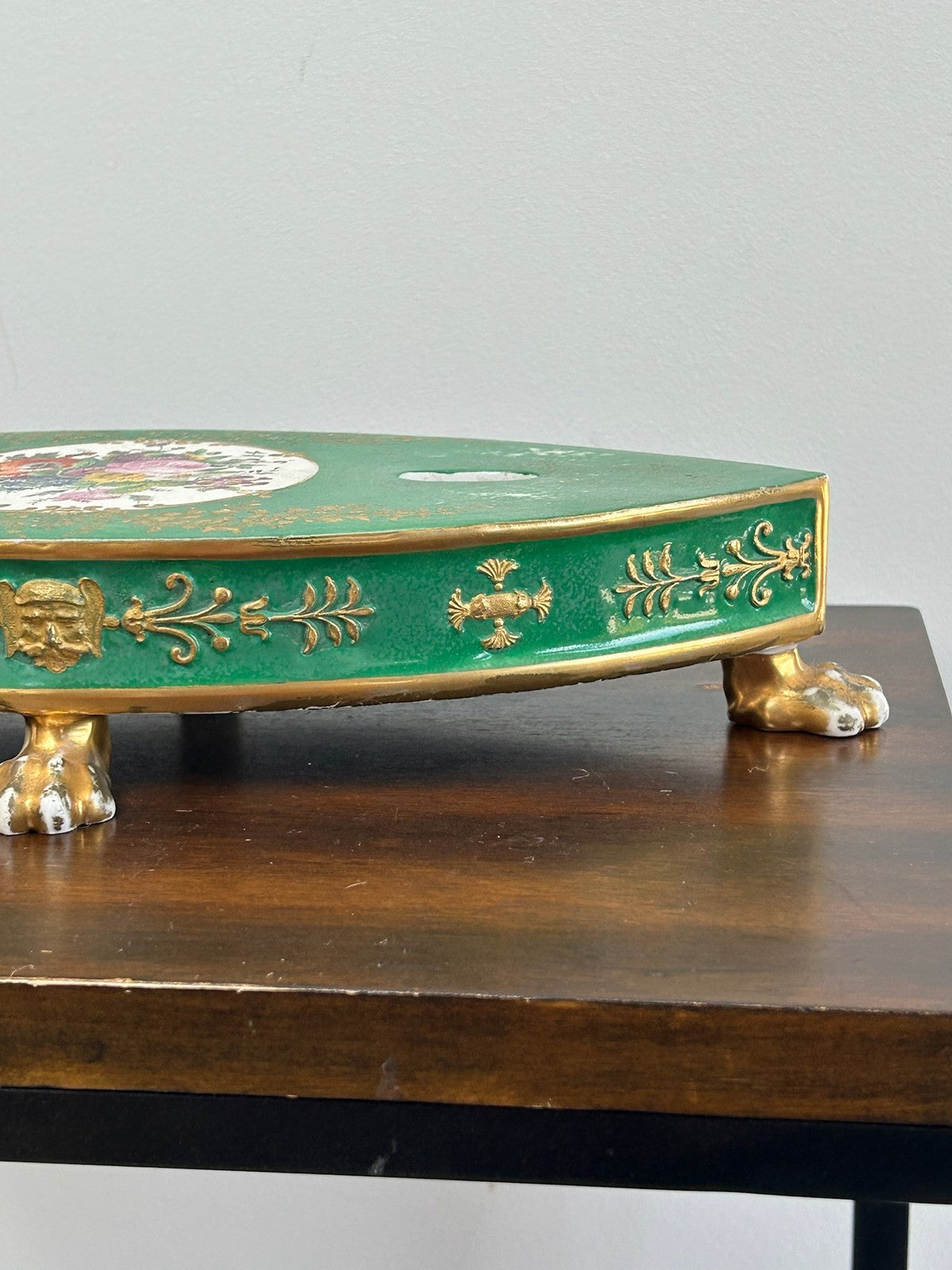 Antique Green Ground Porcelain Plateau Stand Gilt Paw Feet Floral Centre2