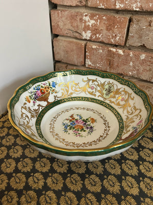 Le Tallec Paris Hand Painted Porcelain Bowl Green Gilt Border Floral Centre