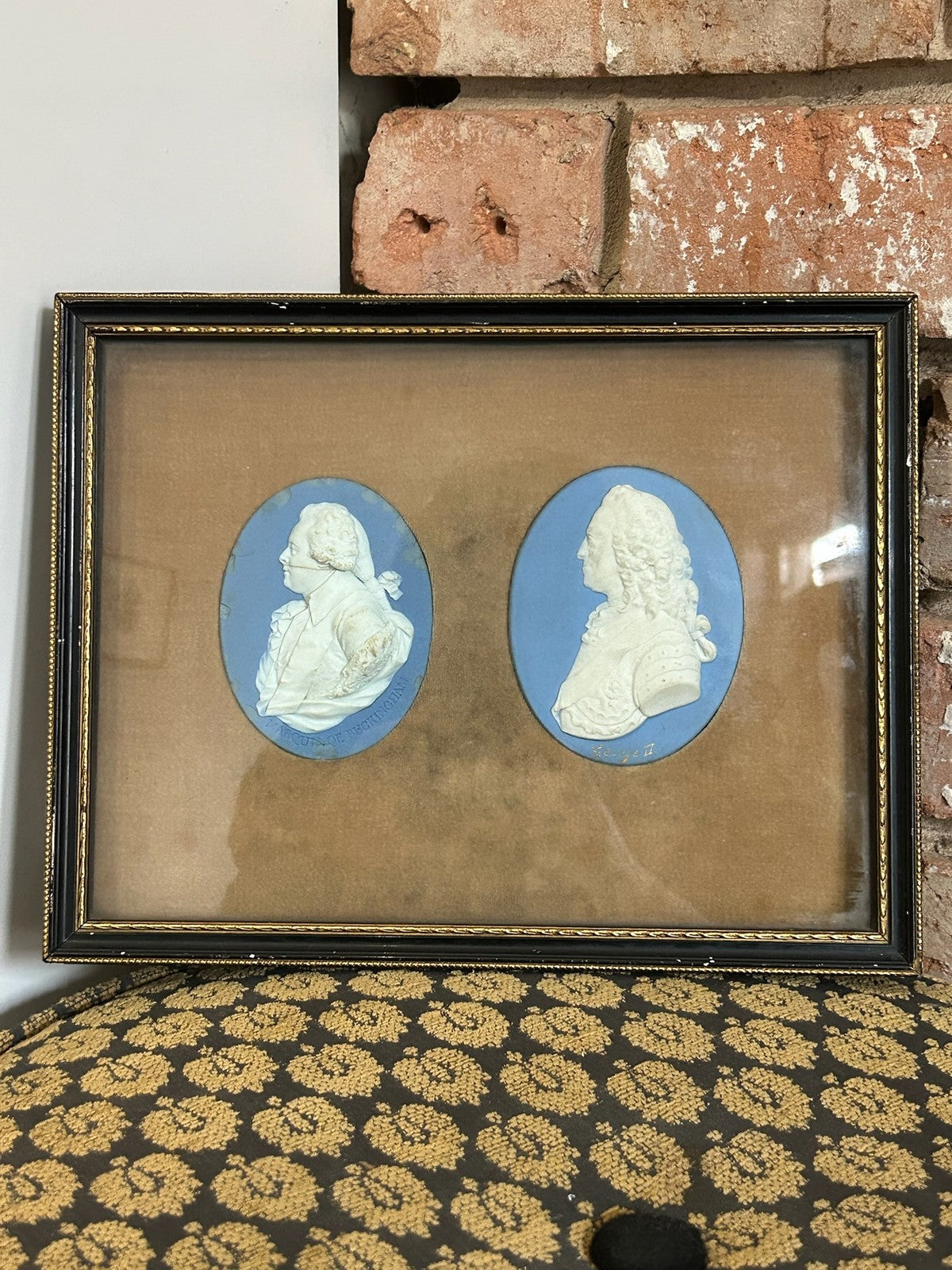 Pair Framed 18th Century Wedgwood Blue Jasper Portrait Medallions Marquis2