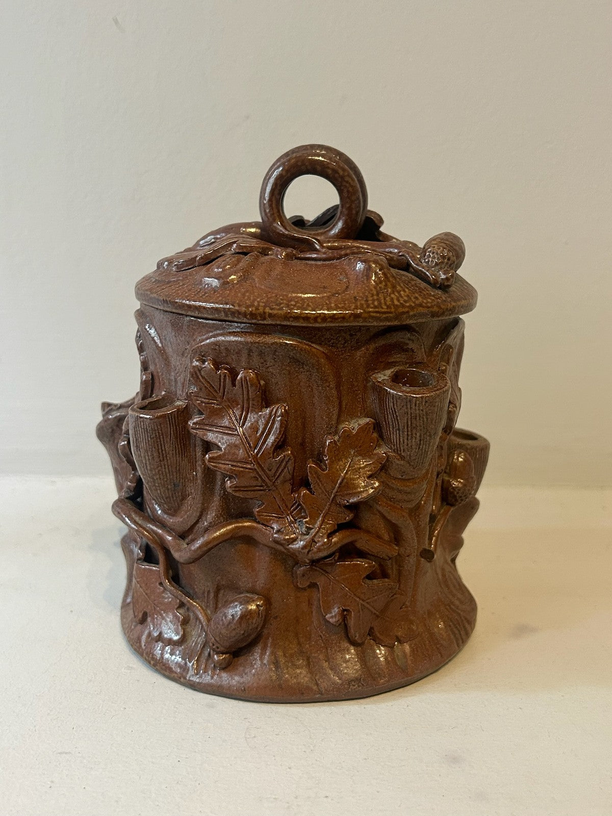 Antique 19thC French Salt Glazed Stoneware Tobacco Jar Oak Branch Acorn 14.5cm2