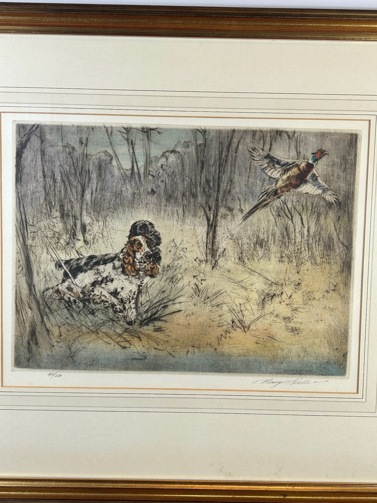 Henry Wilkinson RE Pencil Signed Colour Etching Spaniel Flushing Pheasant 40/1501