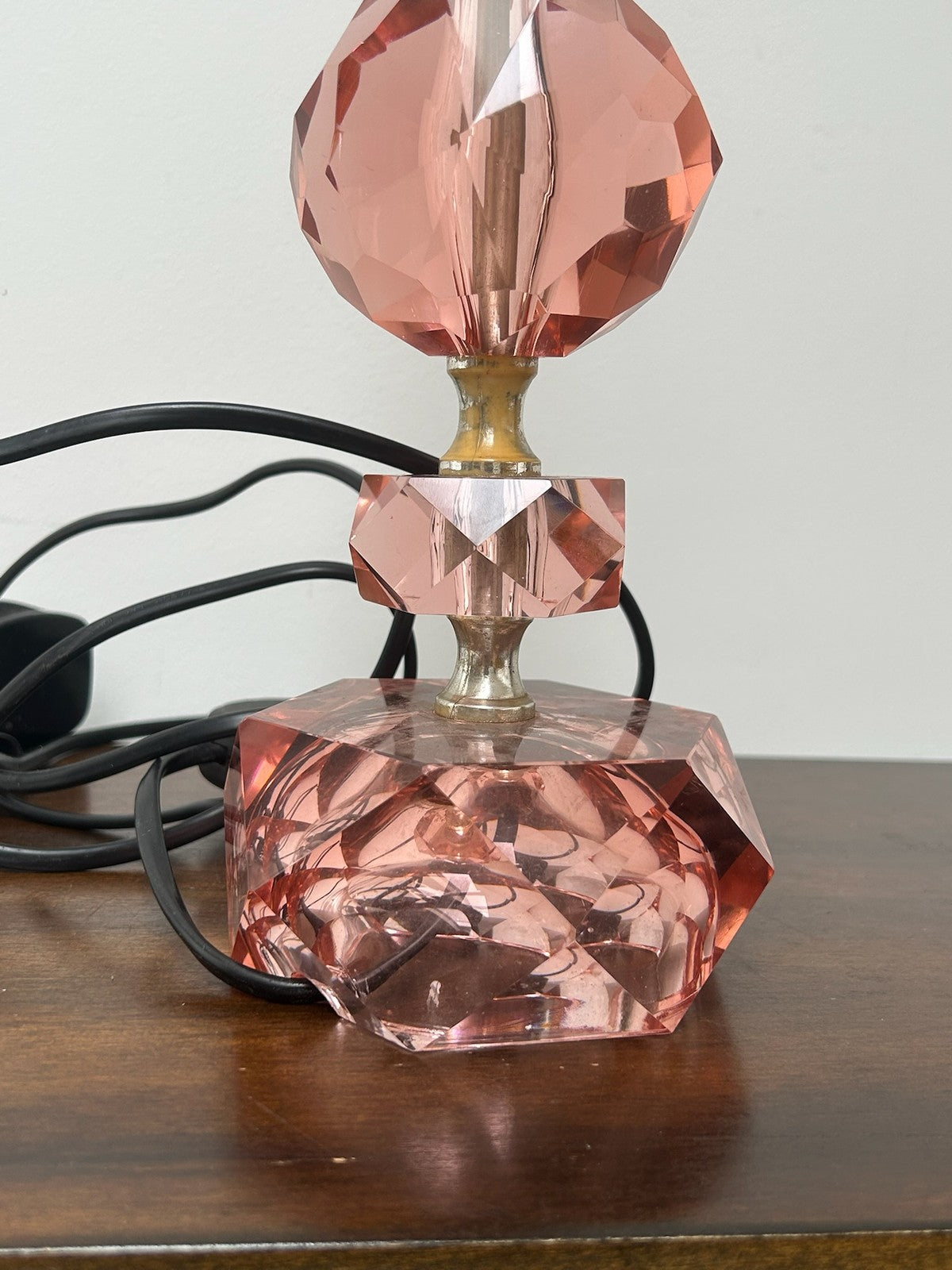 Pair Pink Cut Glass Table Lamps Faceted Rose Bases Rewired 34cm4