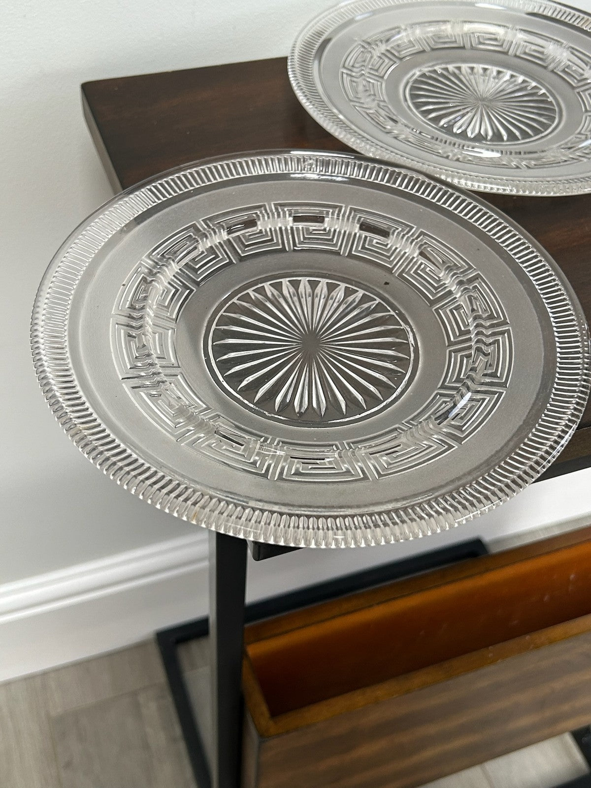 Set of 3 Cut Glass Star Burst Plates Greek Key Border Vintage 22cm3