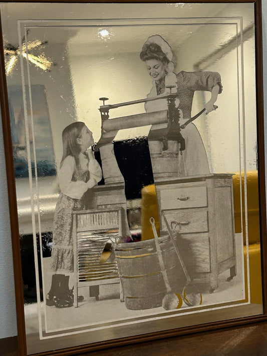 Vintage Printed Glass Mirror Picture Mother Daughter Domestic Scene Framed0