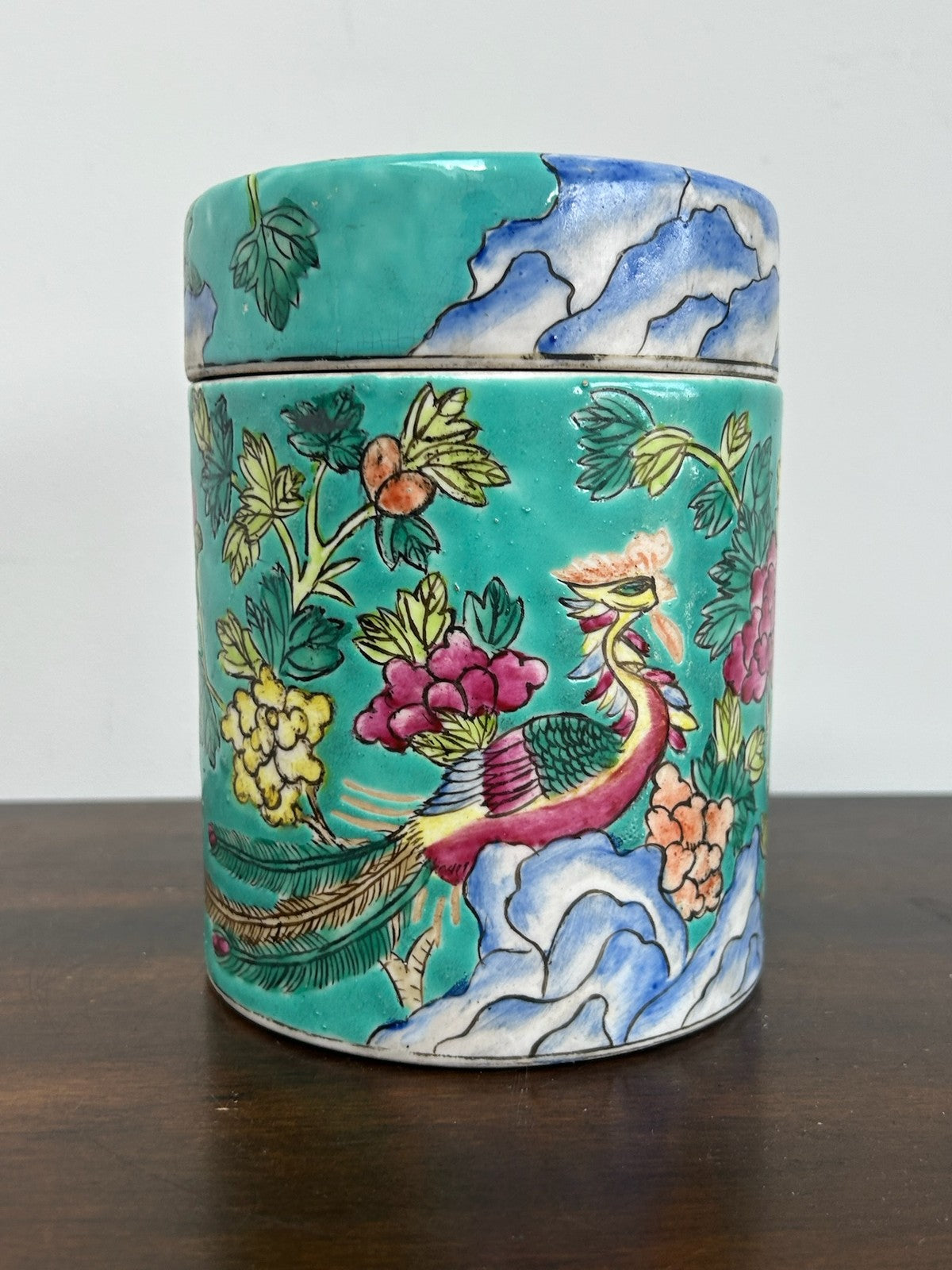 Chinese Famille Rose Green Ground Lidded Caddy Birds & Flowers 15cm4