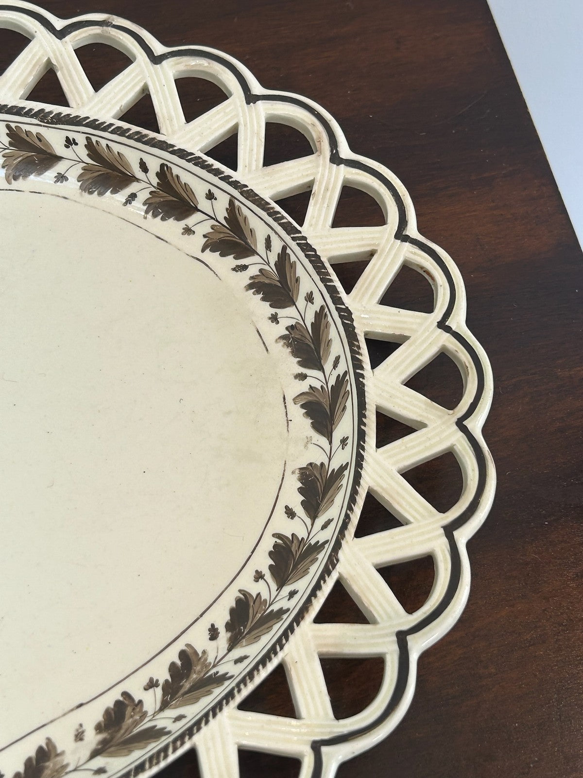 Antique Creamware Oval Dish Pierced Lattice Rim Painted Leaf Border c1800 30cm3