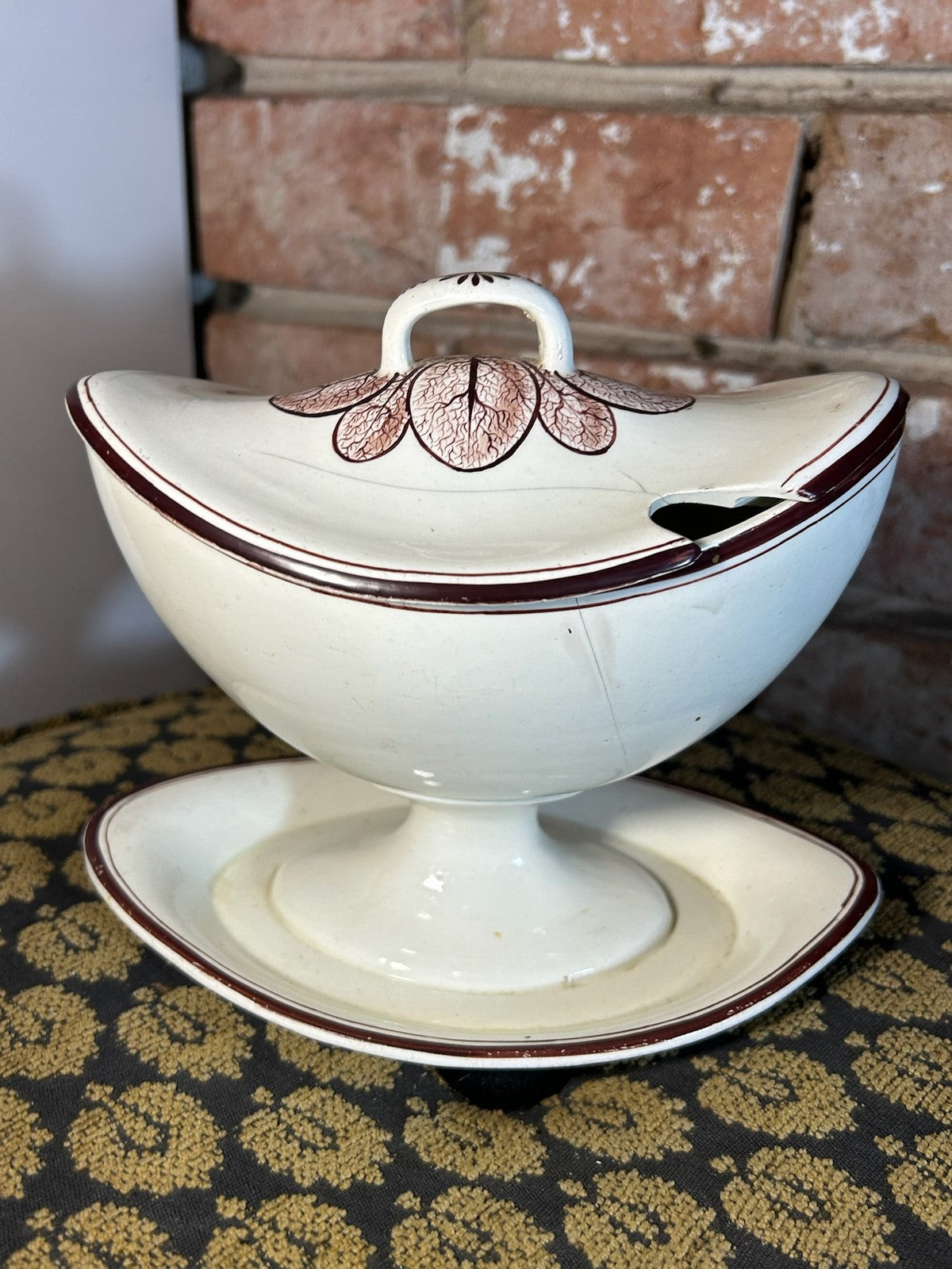 Antique Creamware Sauce Tureen Cover and Stand Brown Line Rims c18002