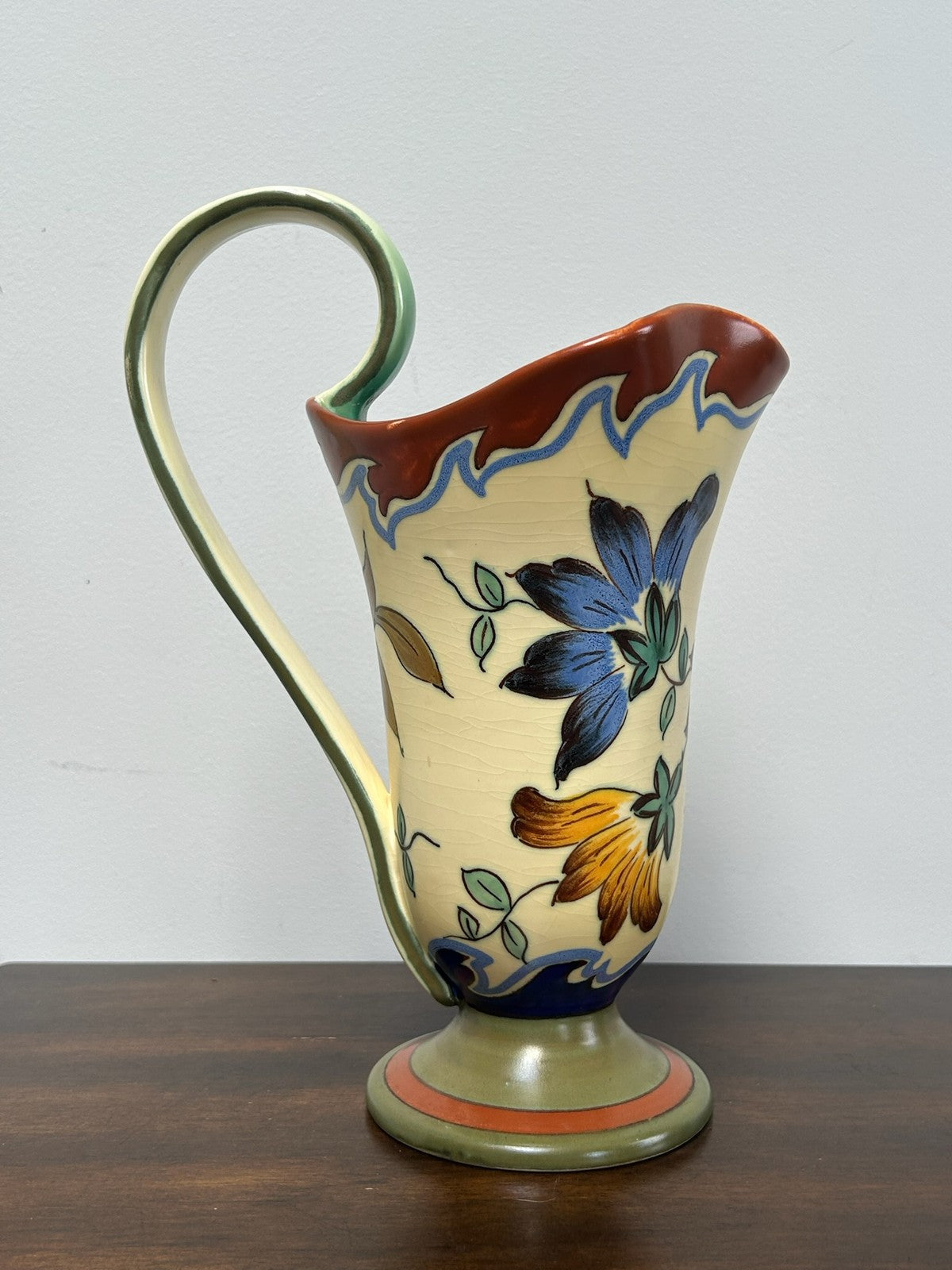 Gouda Dutch Art Pottery Ewer Jug Hand Painted Floral Matt Glaze 27cm0