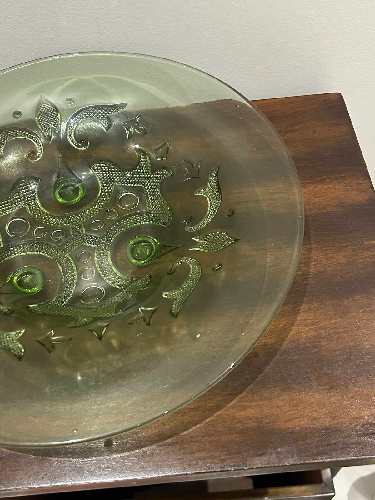 Green Pressed Glass Plate Moulded Dragon Scroll Relief4