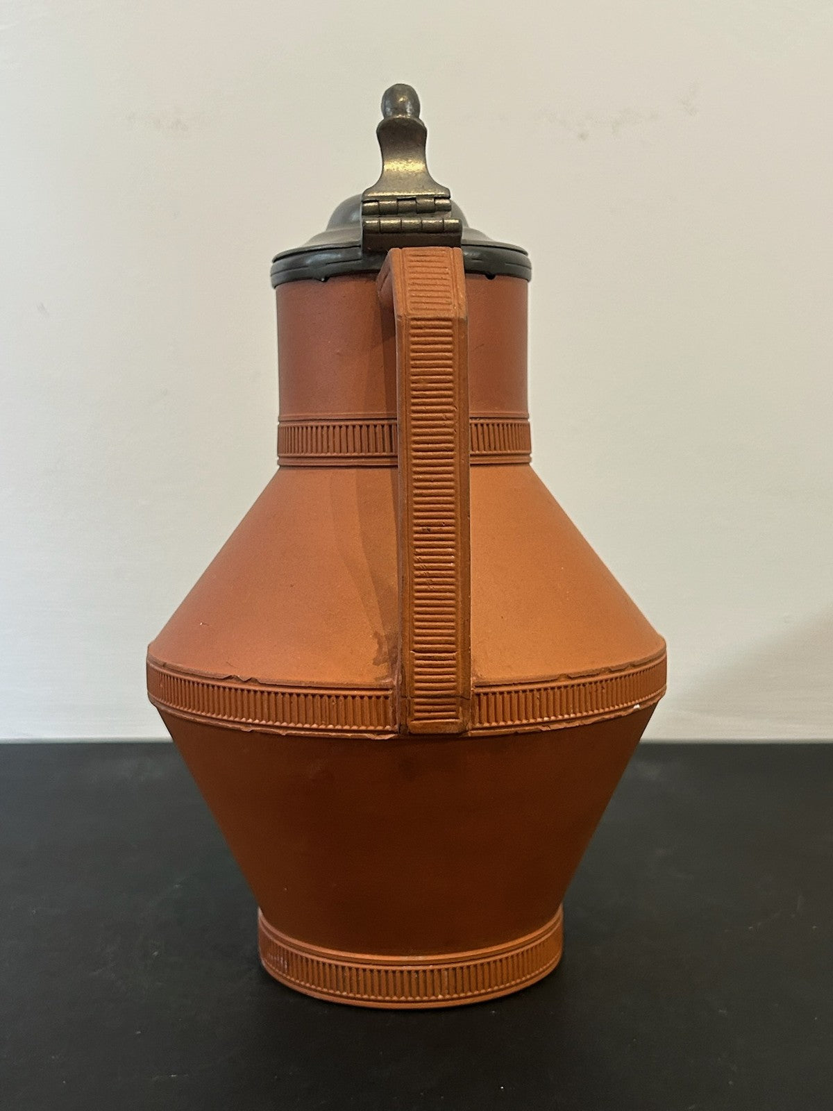Antique Watcombe Torquay Terracotta Jug Pewter Lid Registered Design 1872 23cm3