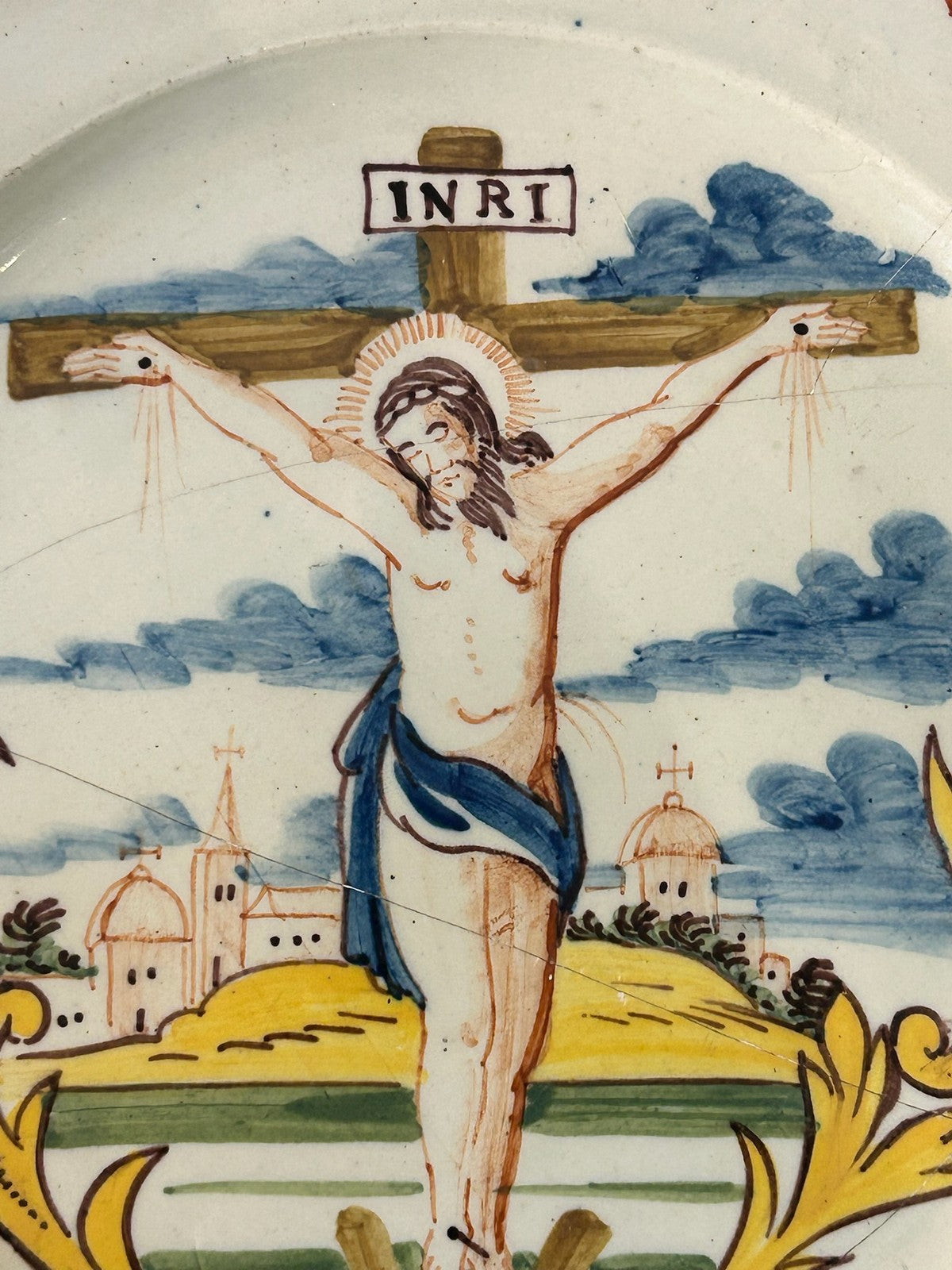 Antique Faience Tin Glazed Plate Hand Painted Crucifixion INRI Restored 22cm4
