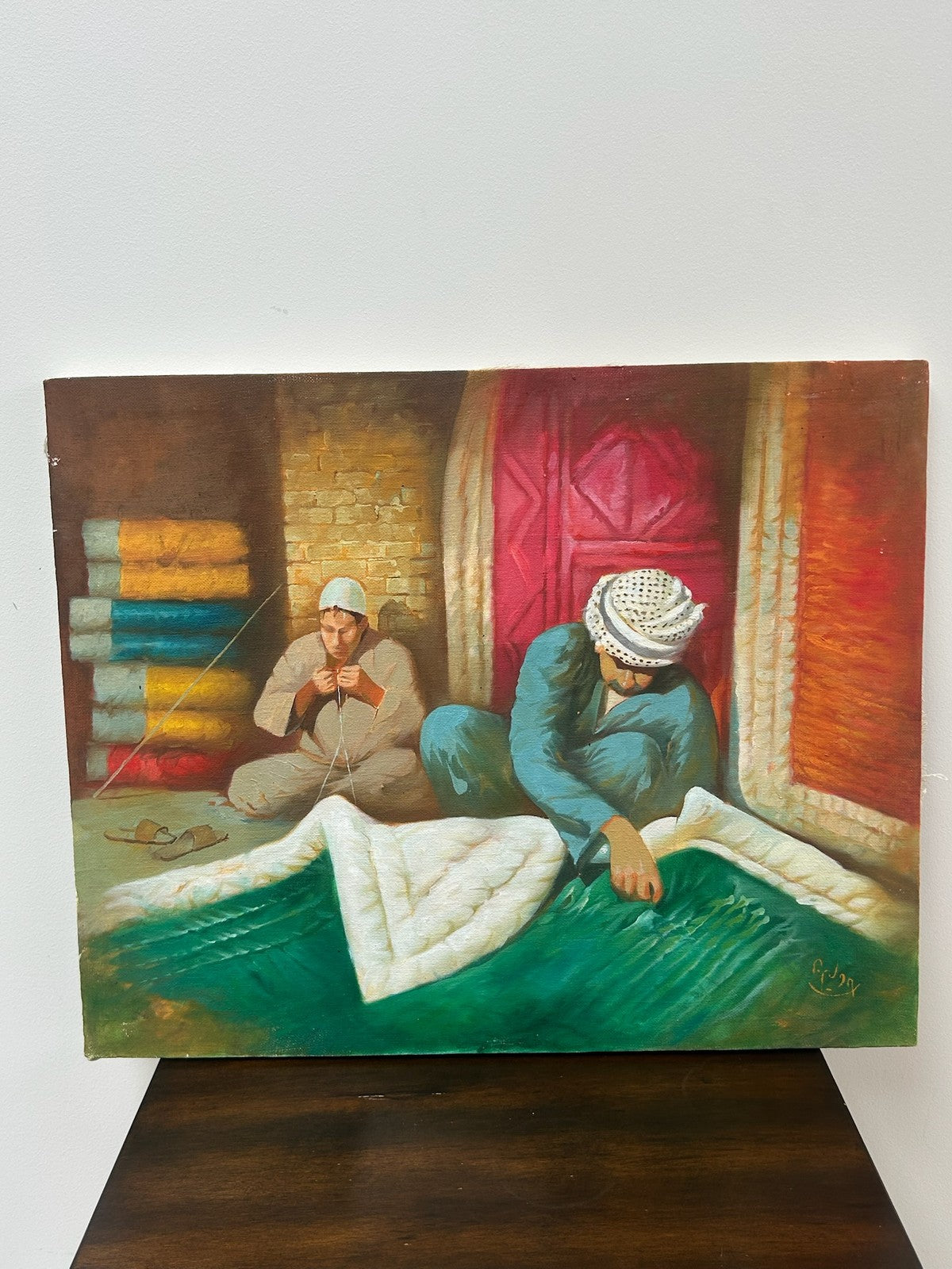 Orientalist Oil Painting Figure with Textiles Merchant Scene Signed1