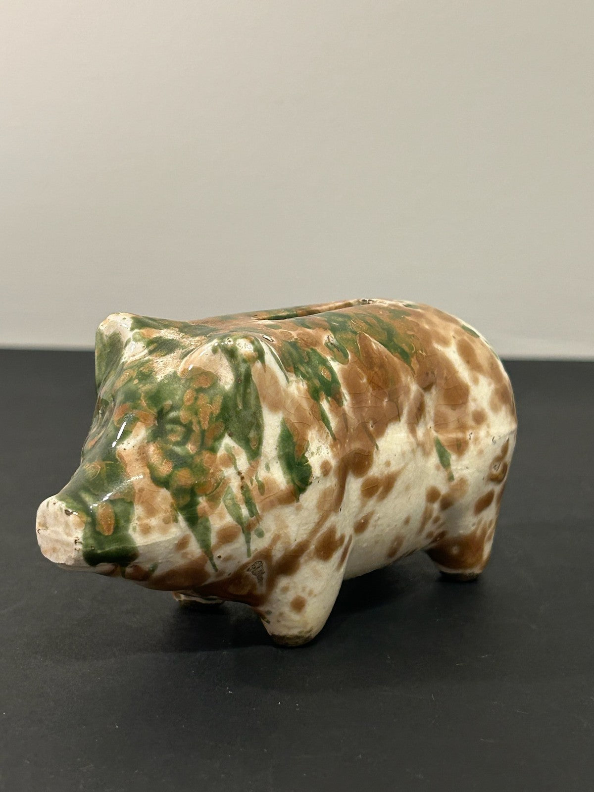 Antique 19th Century Spongeware Pottery Pig Money Box Green Brown Sponged 12cm0