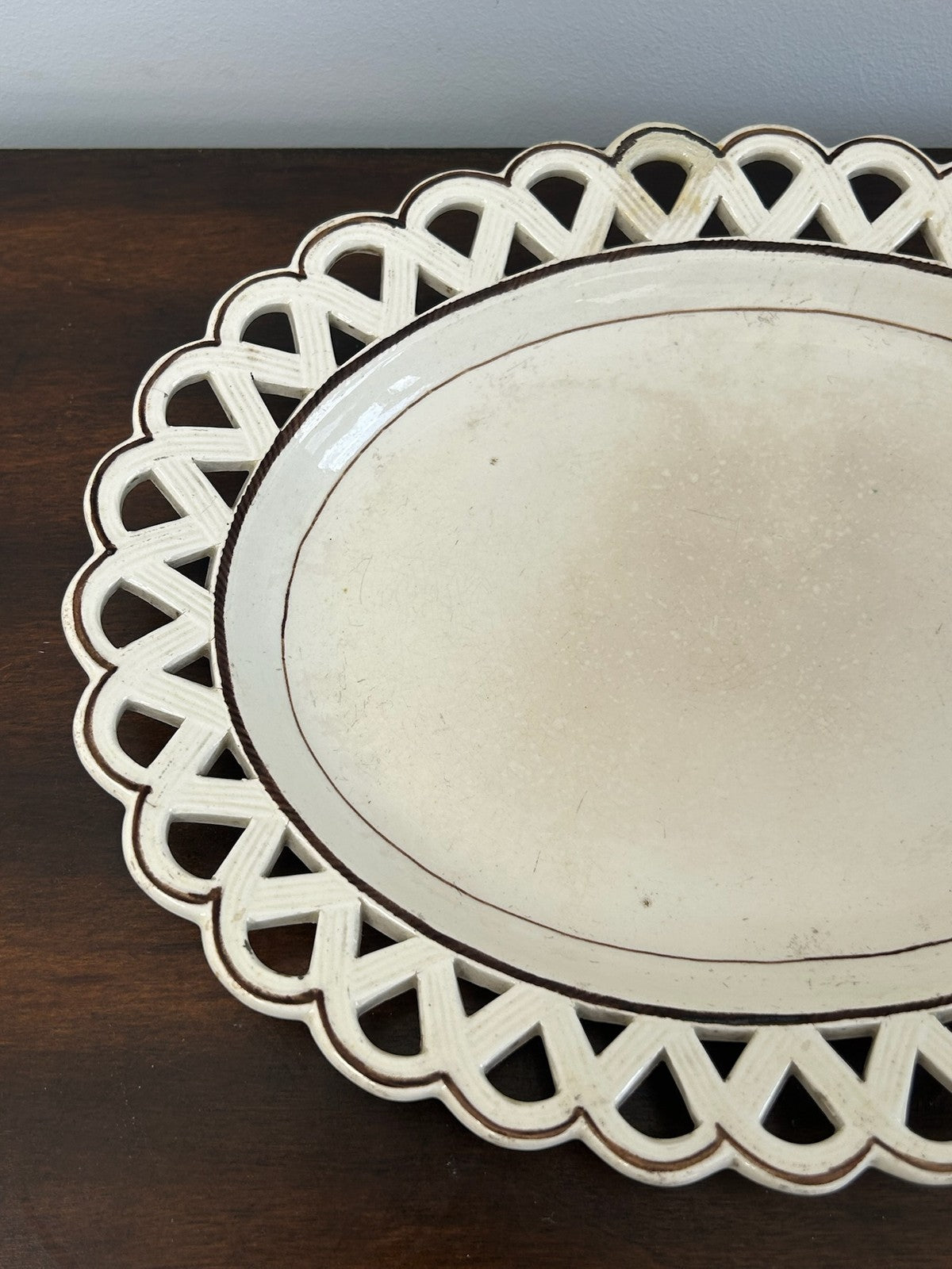 Antique Creamware Oval Dish Interlaced Pierced Border Brown Line1