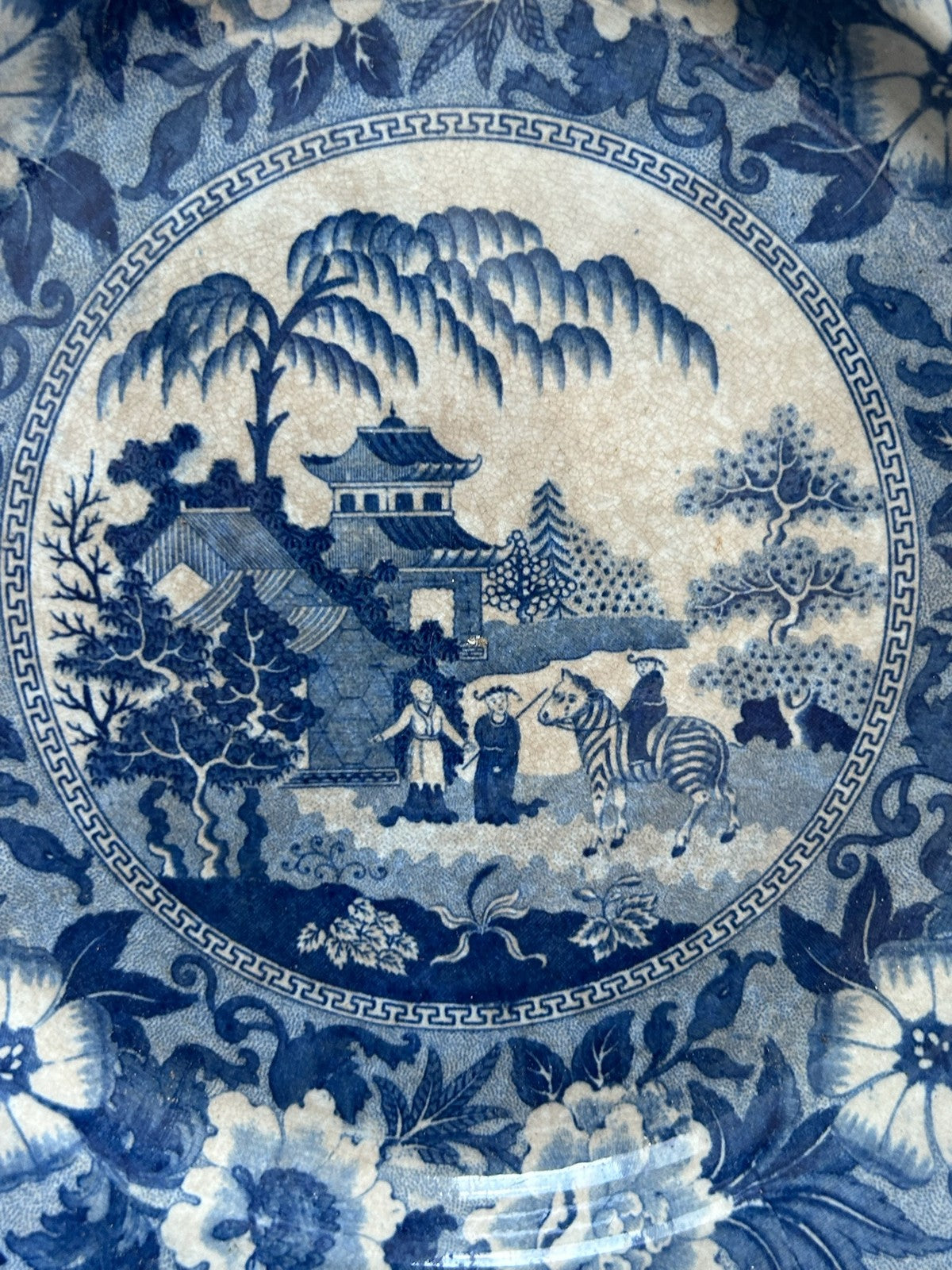 Antique Staffordshire Blue White Transferware Plate c1825 Floral Border Scene1