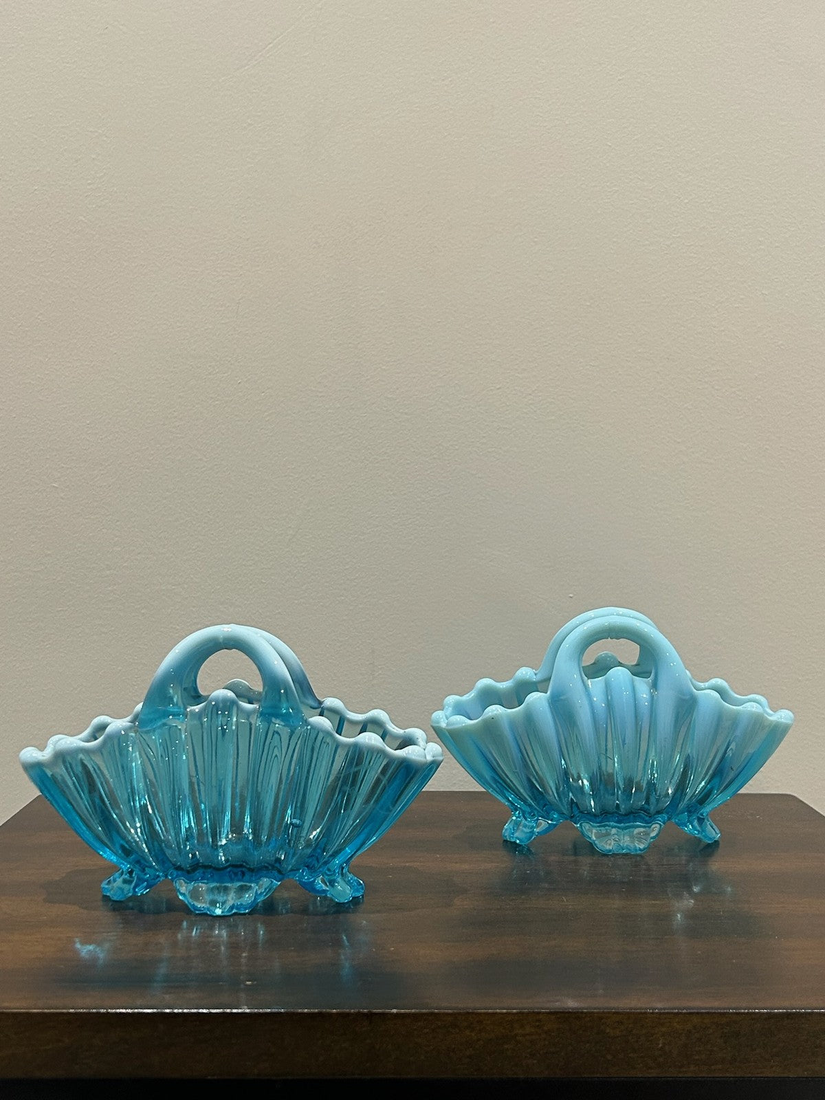 Pair Victorian Blue Pearline Opalescent Glass Basket Vases0