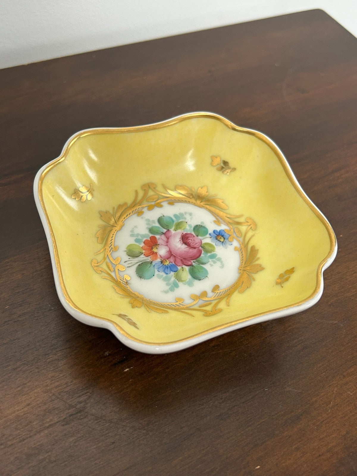Hand Painted Yellow Ground Cabinet Dish Floral Signed French 10cm0