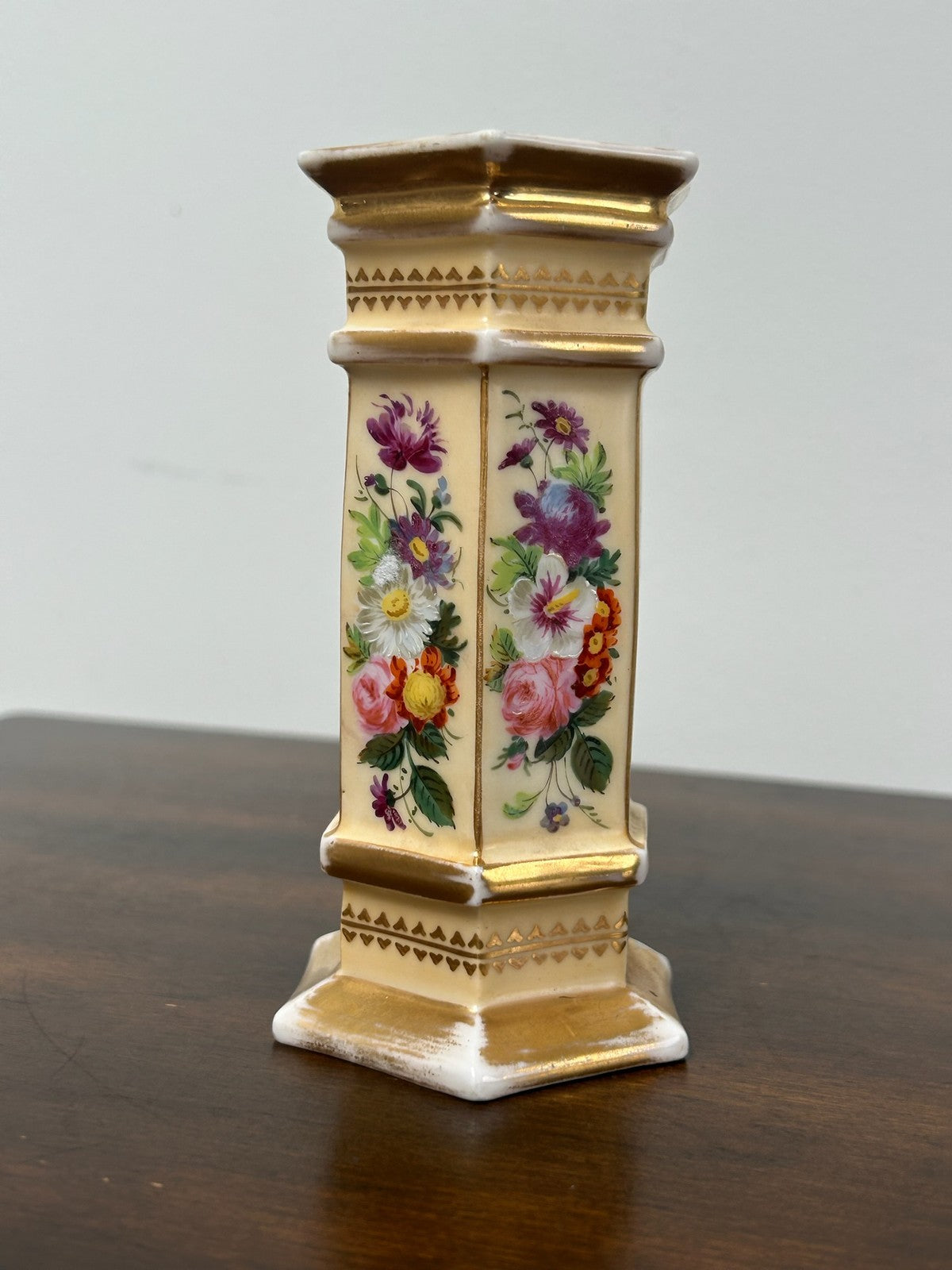 Antique Porcelain Hexagonal Spill Vase Gilt Ground Hand Painted Flowers3