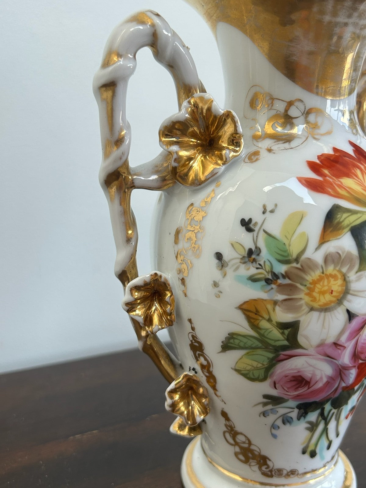 Old Paris Porcelain Twin Handled Vase Hand Painted Floral Gilt Handles1