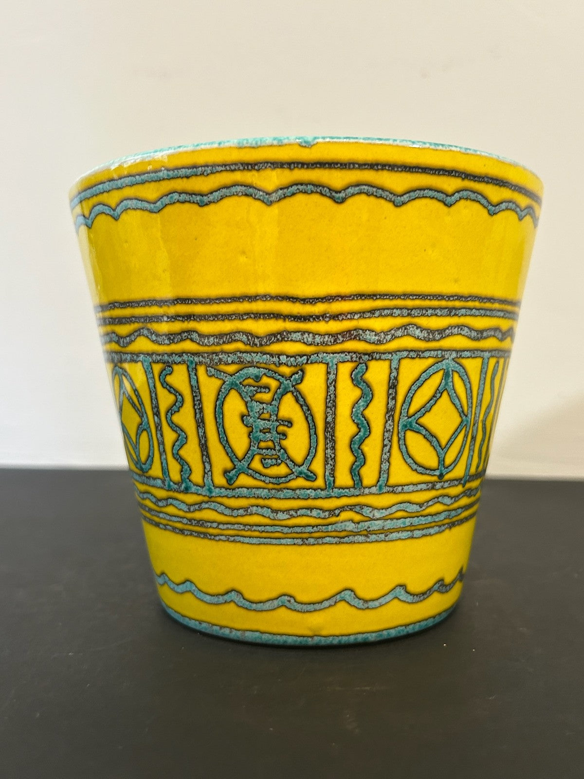 1960s Italian Pottery Cachepot Planter Yellow Black Abstract Bitossi Style 13cm3