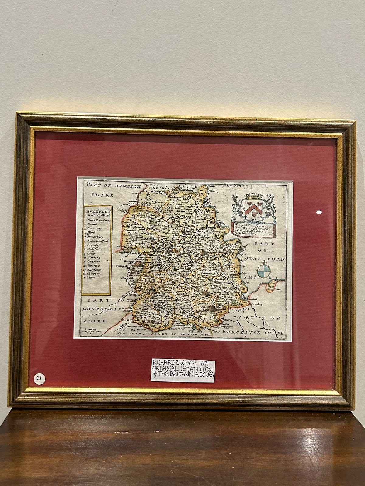 Antique Richard Blome Map of Shropshire Britannia 1673 Hand Coloured Framed0