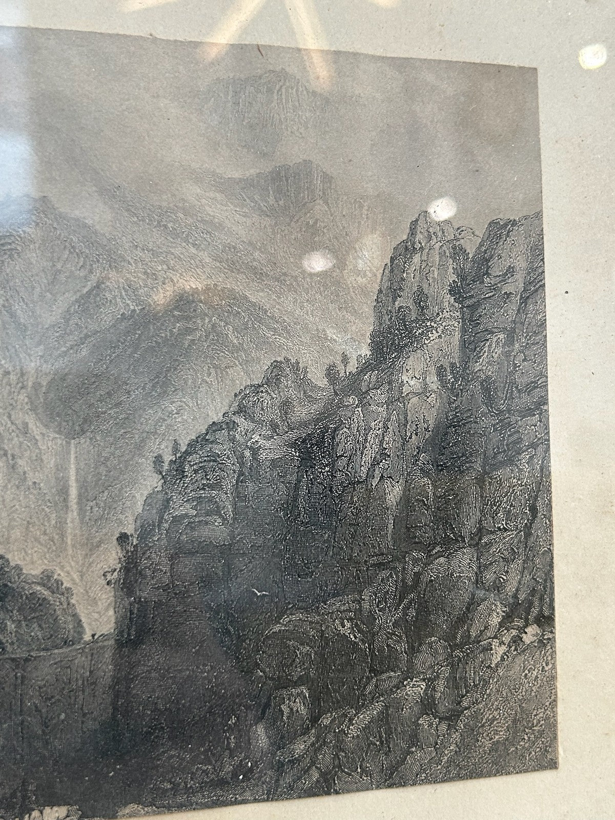 Antique 1865 France Voiron Chartreuse Valley Isere Waterfall Engraving Gilt Fram5